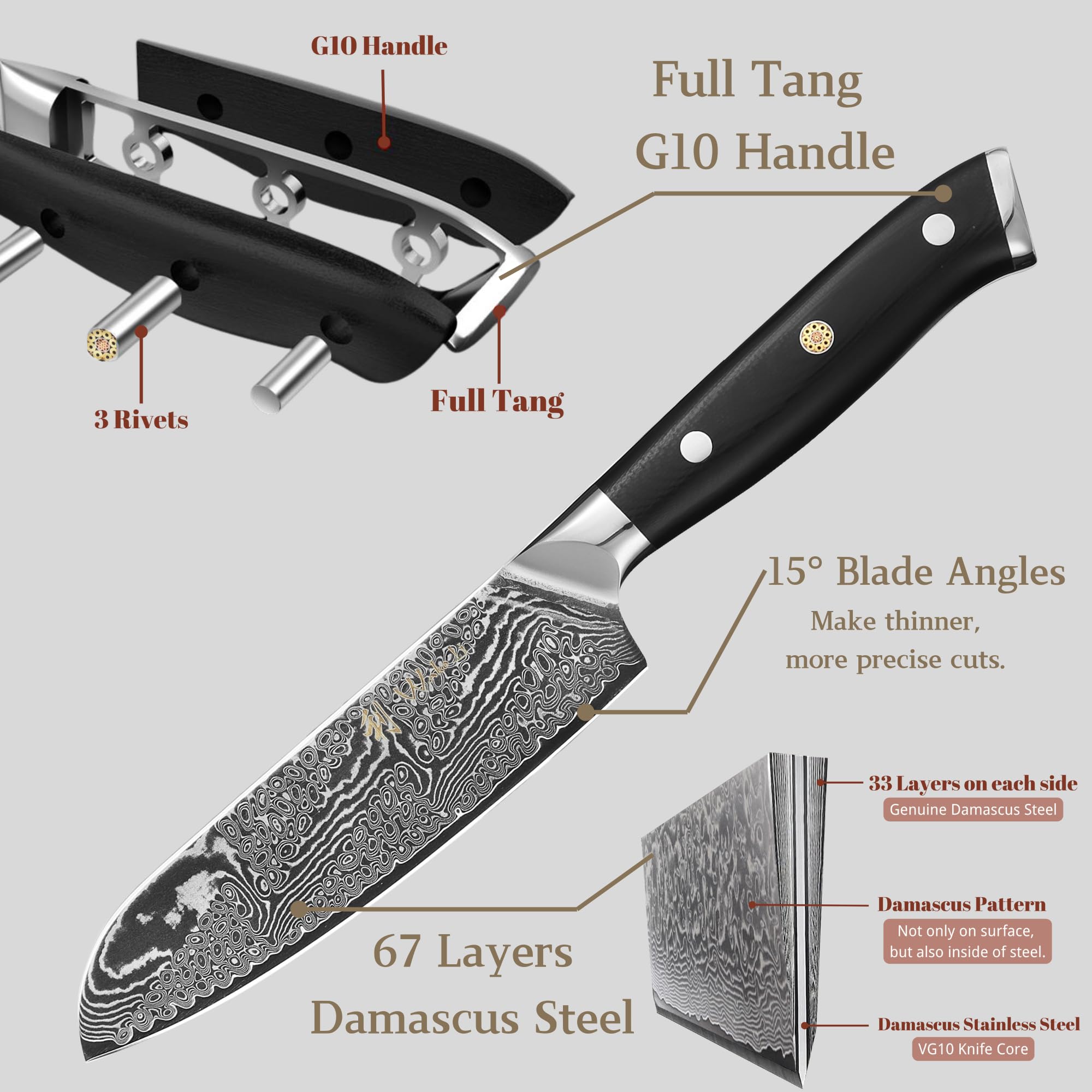 WAKOLI Nitoko Set de 2 Couteaux Santoku de Cuisine Professionnels en Damas | lames de 18 et 12,5 cm, noyau VG10 à 67 couches, manches en G10, lame intégrale, avec protège-doigts, élégant coffret en bois