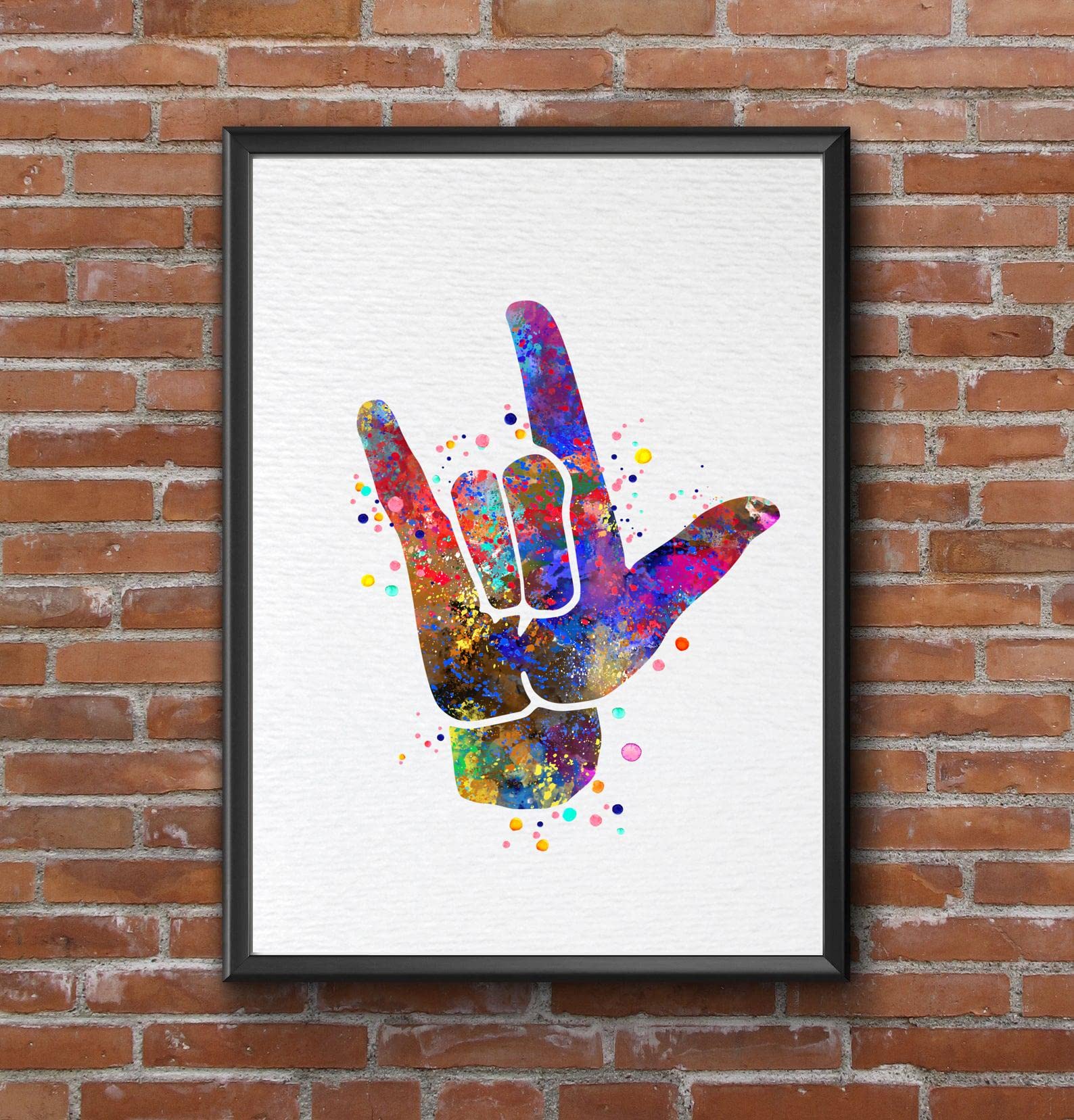 Dignovel Studios 11X14 Unframed I Love You ASL Lenguaje de Signos Americano Acuarela Arte Impresión Mano Gesto Firma Diagrama Sordos Amor Cartel Lenguaje de Signos Arte Médico DN732