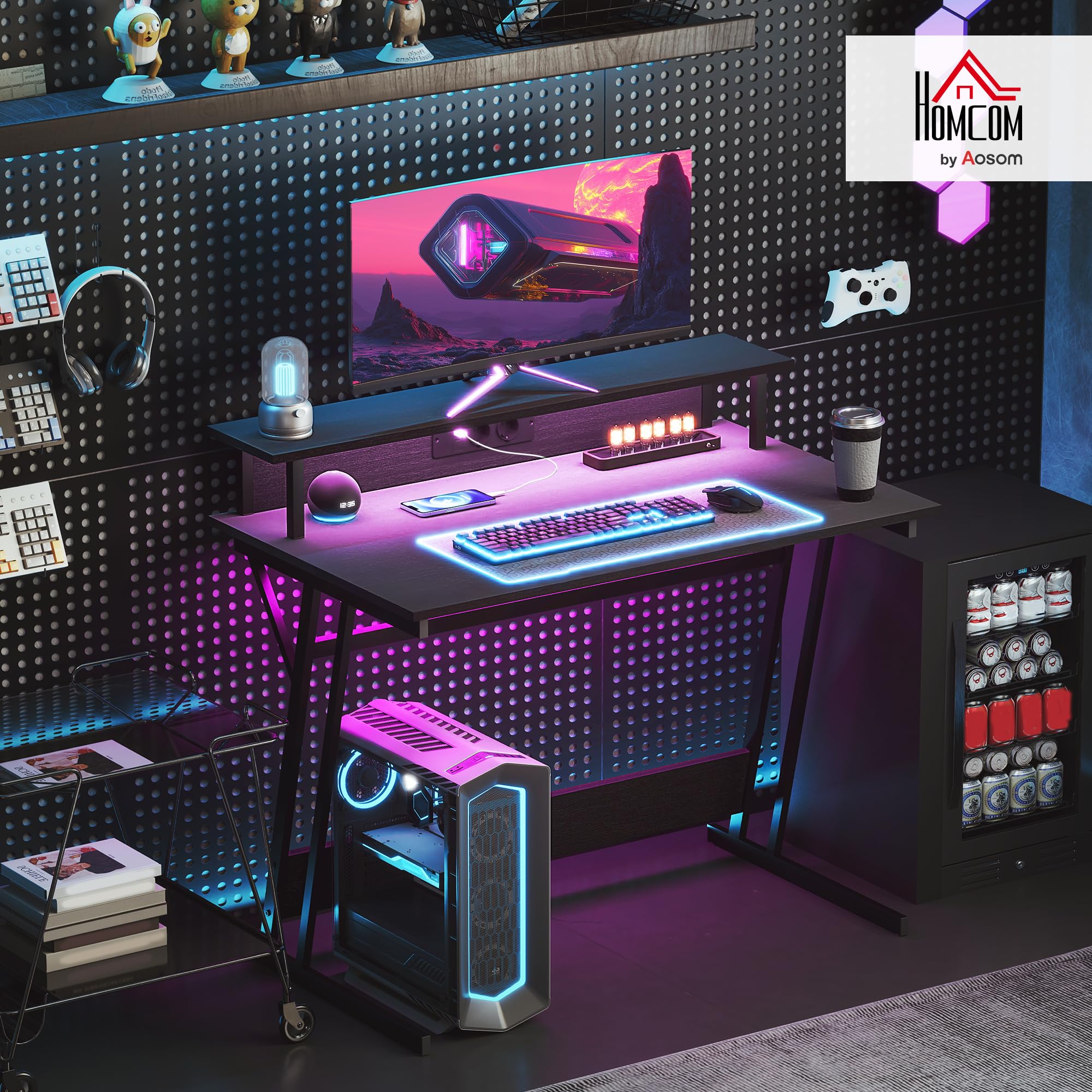 HOMCOM Mesa Gaming con Luces LED y Tomas de Corriente, 100x60 cm, Escritorio Gaming, Mesa Gamer con Soporte para Monitor, Estantes y Control Remoto, para Oficina, Estudio, Negro