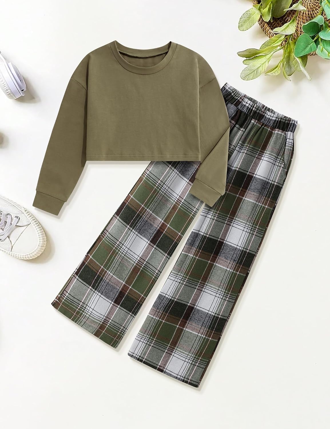 Gaupafmb Girls Clothes Solid Long Sleeve Tops Plaid Wide Leg Pants with Pockets Girls Outfits Size 6-14