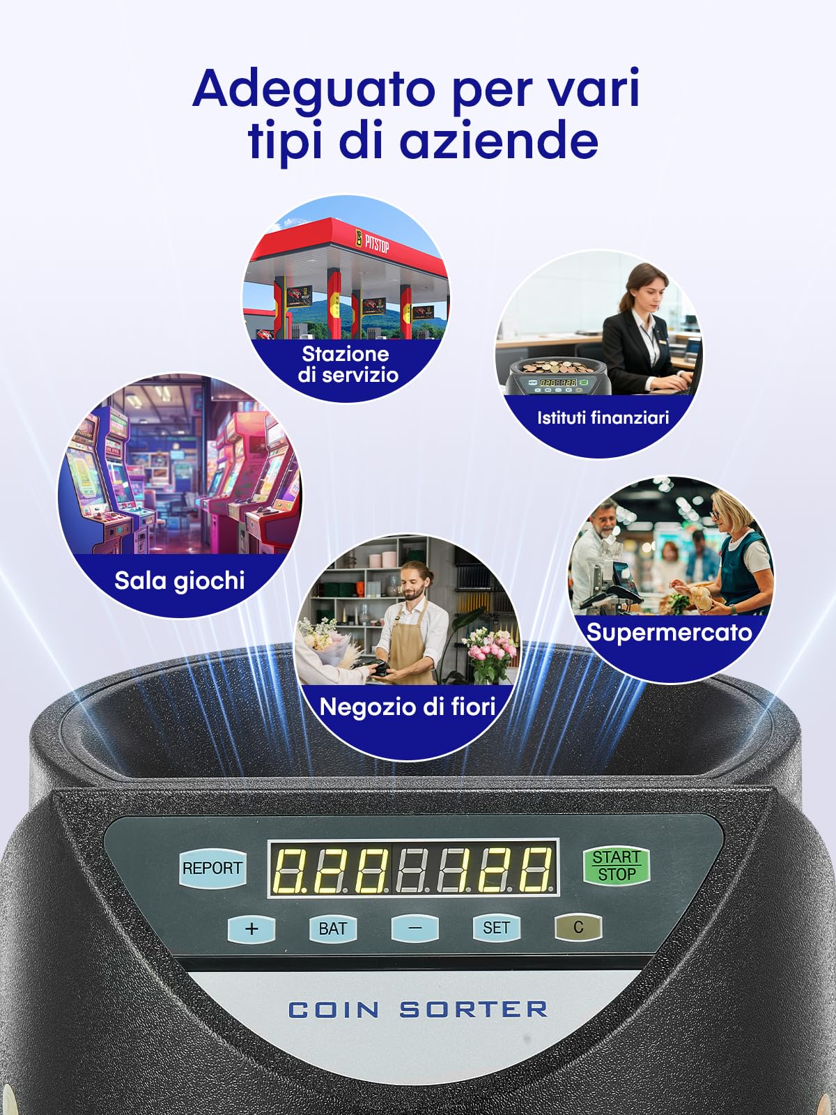 Macchina Contamonete Euro, Separatore Monete 300 Pezzi/Minuto, Capacità 800 Monete, Display LED 7 Cifre e Pannello di Controllo, 8 Cassetti di Raccolta, per Negozi, Scuole, Banche e Tabaccherie