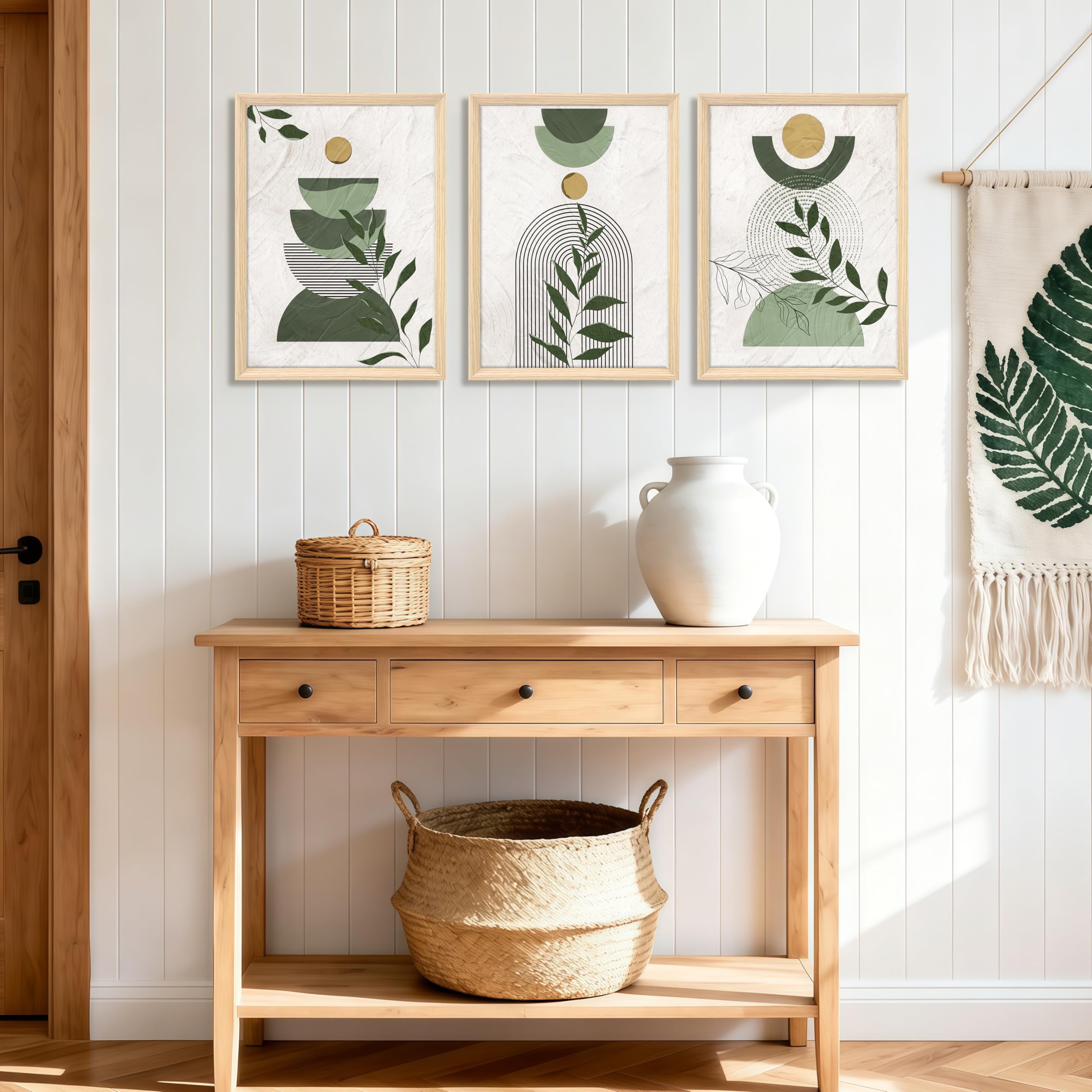 3 Pcs Wooden Framed Canvas Wall Art Set Bohemian Sage Green Canvas Prints Poster Geometric Line Beige Green Pictures for Living Room Bedroom Dinning Room Hallway Stairs Wall Decor 30x40cm x3pcs — view 117