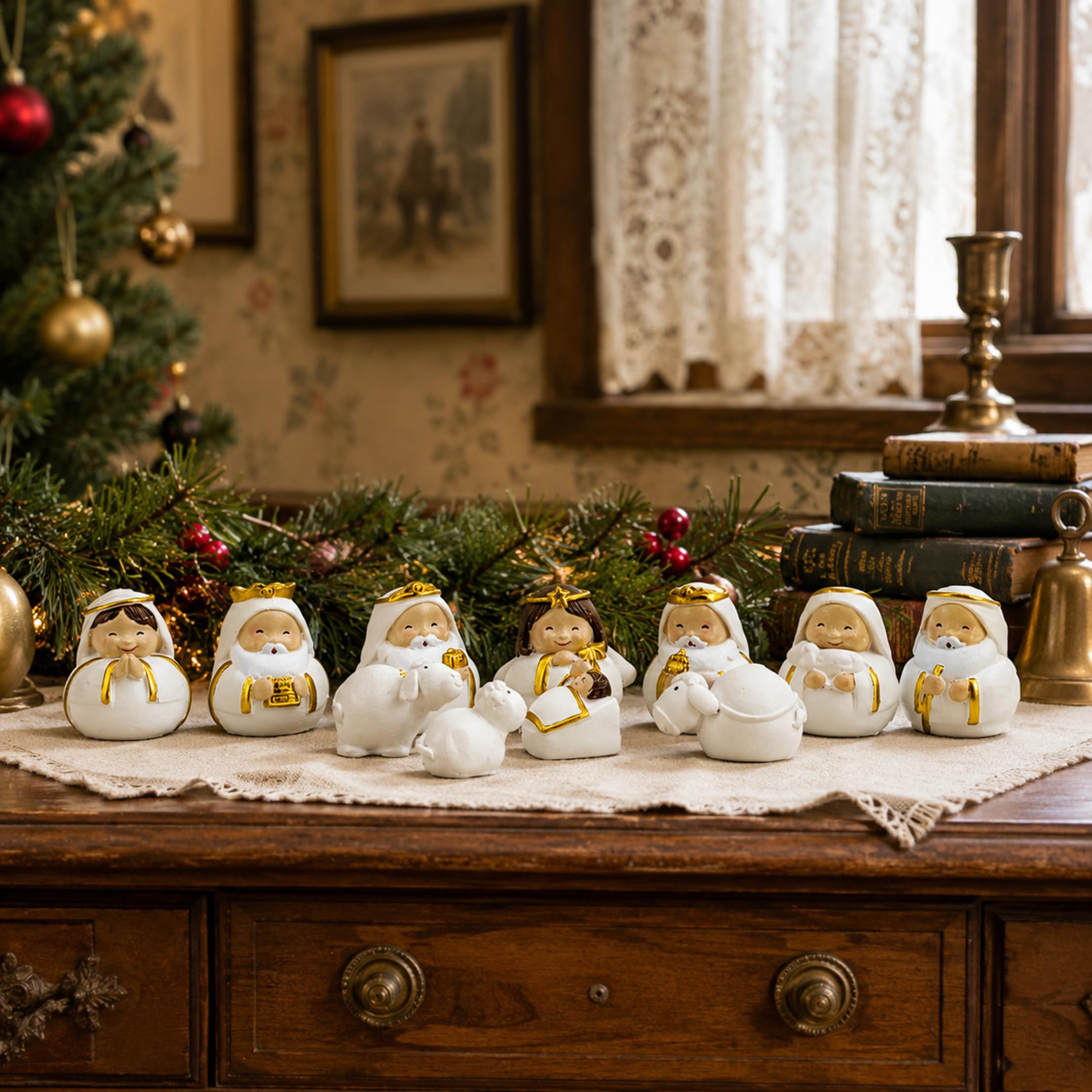 Set per presepe da 11 pezzi, simpatico set per presepe di Natale in resina
