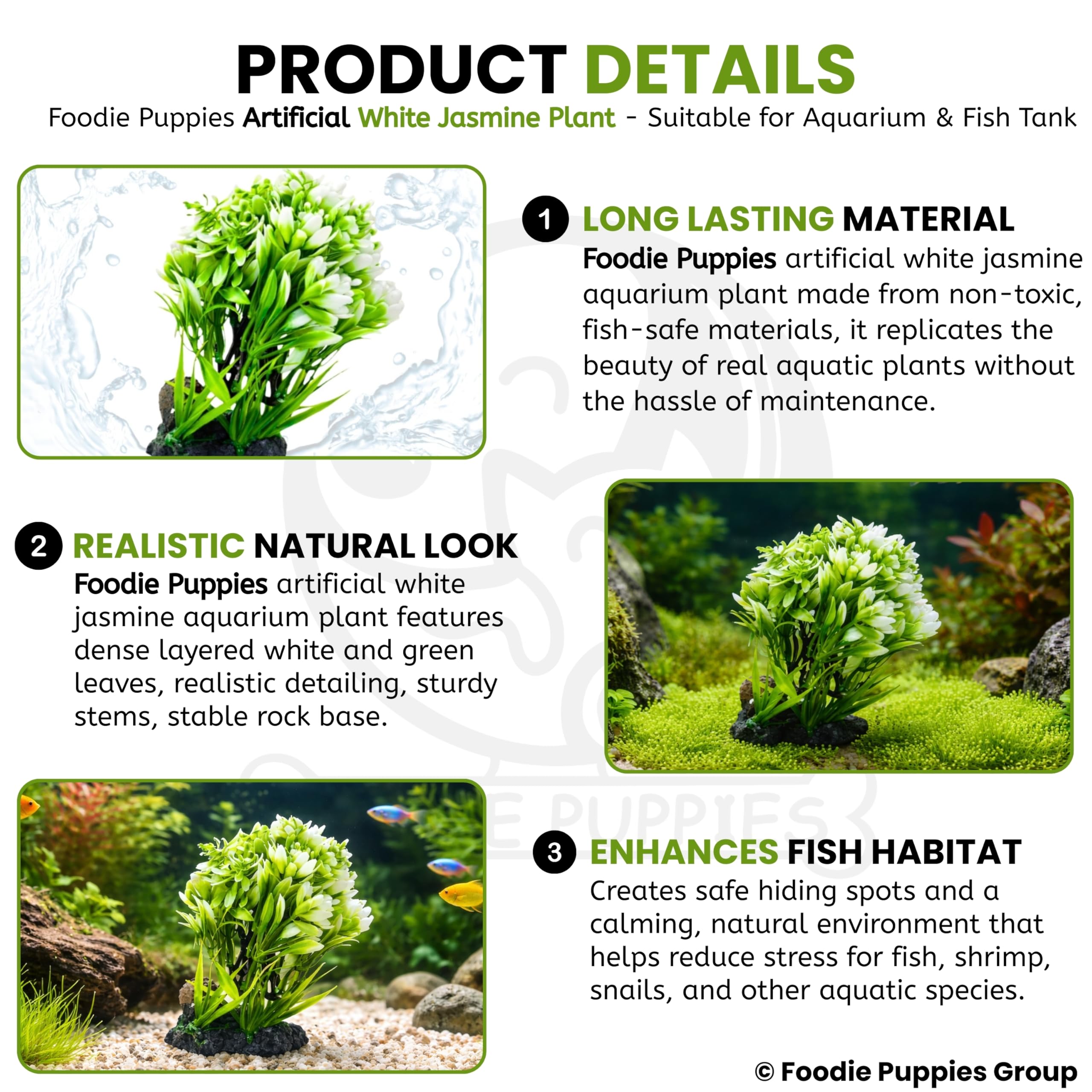 Foodie Puppies Aquarium Plastic Plant with Resin Base Decor - (White Jasmine Plant, 6.5 x 4 x 13 cm) for Fish Tank Ornament Accessories, Freshwater & Saltwater Natural Looking Artificial Plant 1
