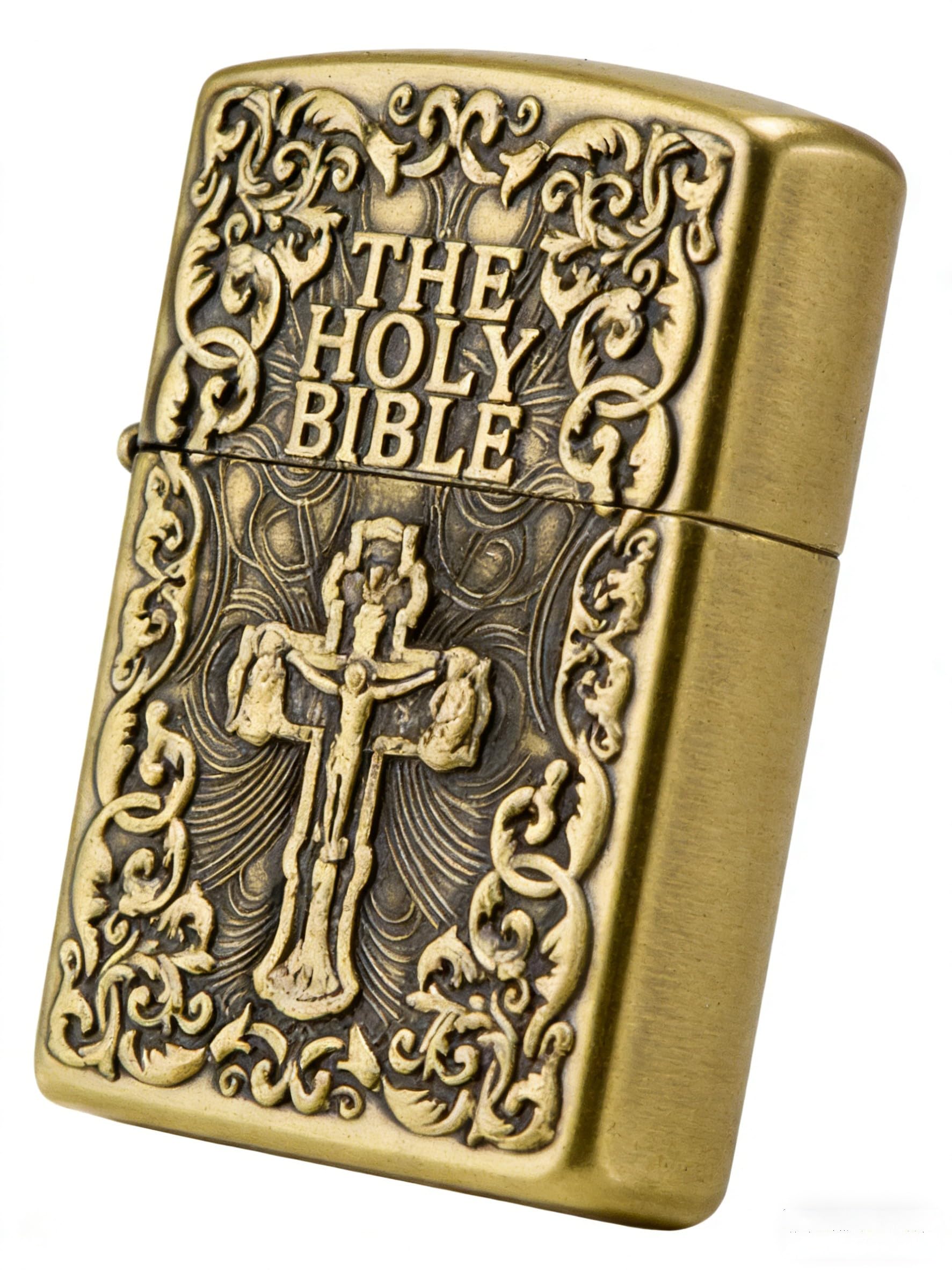 Bible Cross Carved Vintage Butane Lighter Refillable Retro Engraved Windproof Butane Lighter for Everyday Carry ﻿ (Gold)