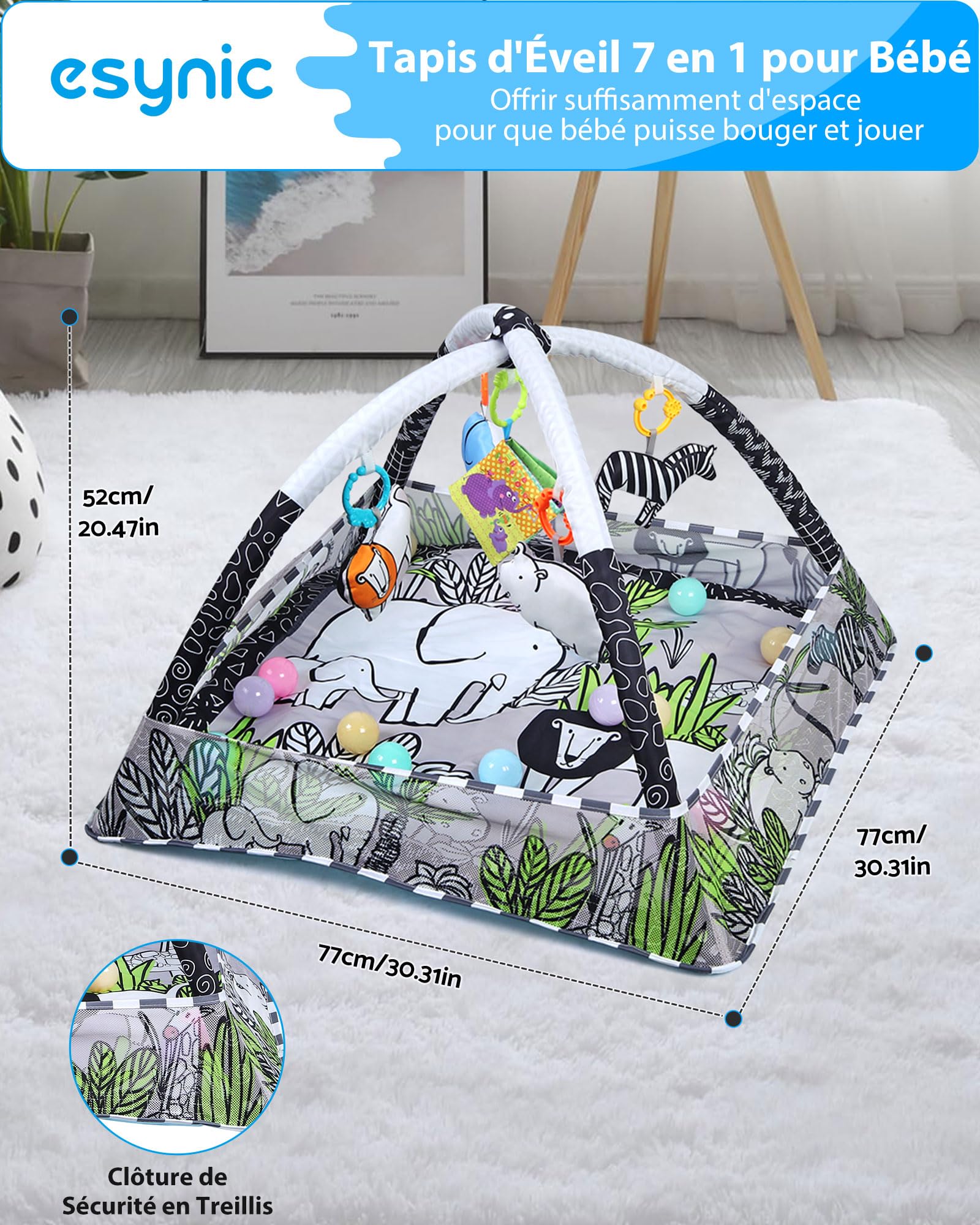 eSynic Tapis d'Éveil Bébé 77x77cm avec 5 Jouets Sensoriels Détachables & eSynic Mini Machine à Bruit Blanc avec 12 Sons Apaisants