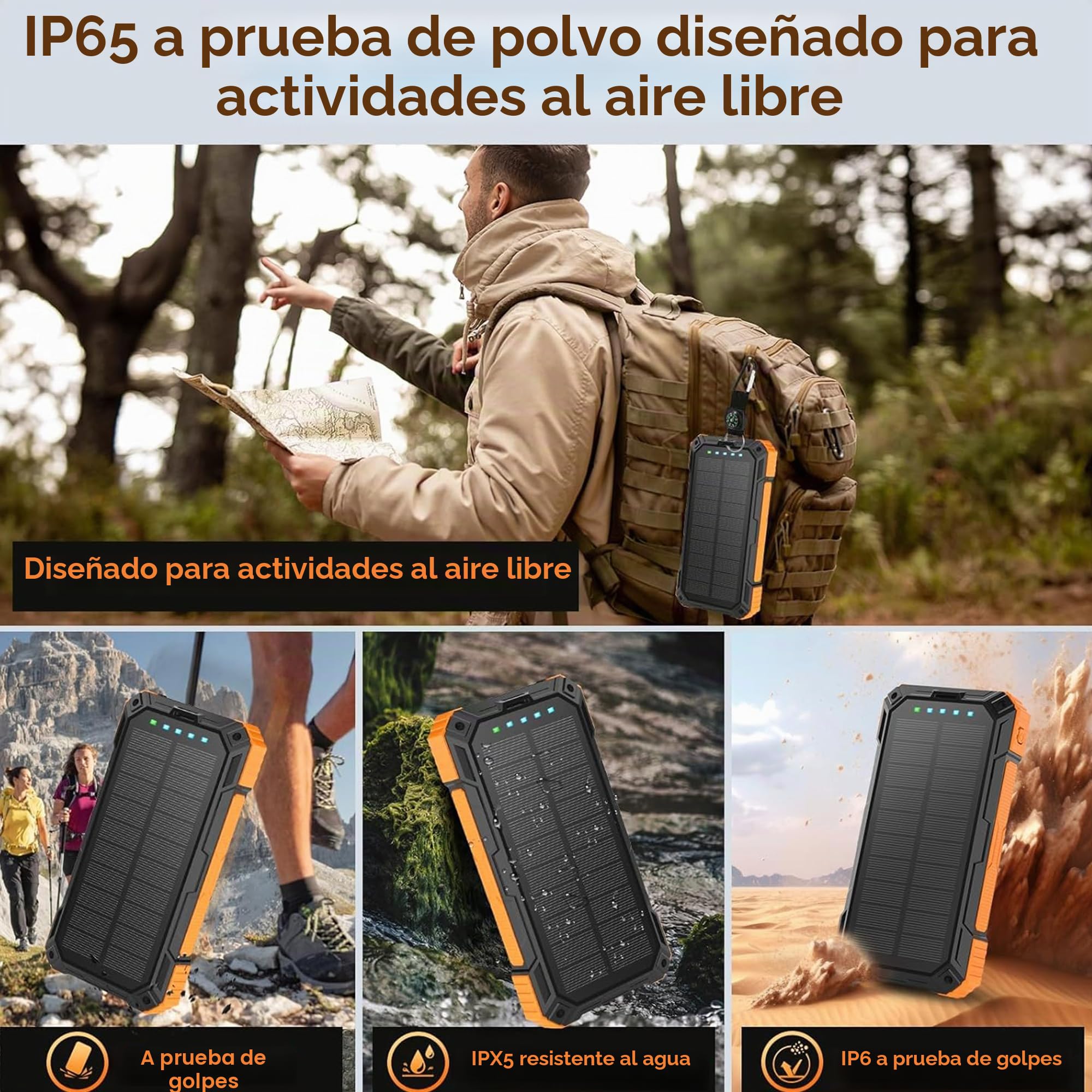 Super Power Bank Solar, Sestuplo Wireless 20.000 mAh + LED de alta intensidad + 3 puertos de carga rápida 22,5 W | Cargador solar | Cargador portátil | Batería solar