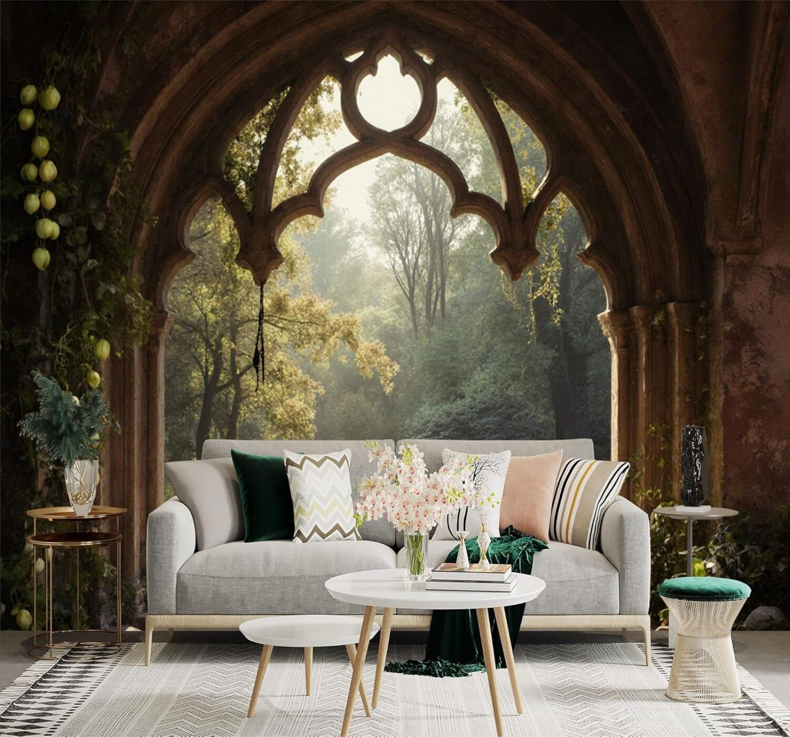 XLMING Arched Window Sunlight Forest Green Garden Landscape 3D Wallpaper Premium Textured Silk Study Dining Living Room Bedroom Sofa TV Wall Easy Install-430cm×300cm