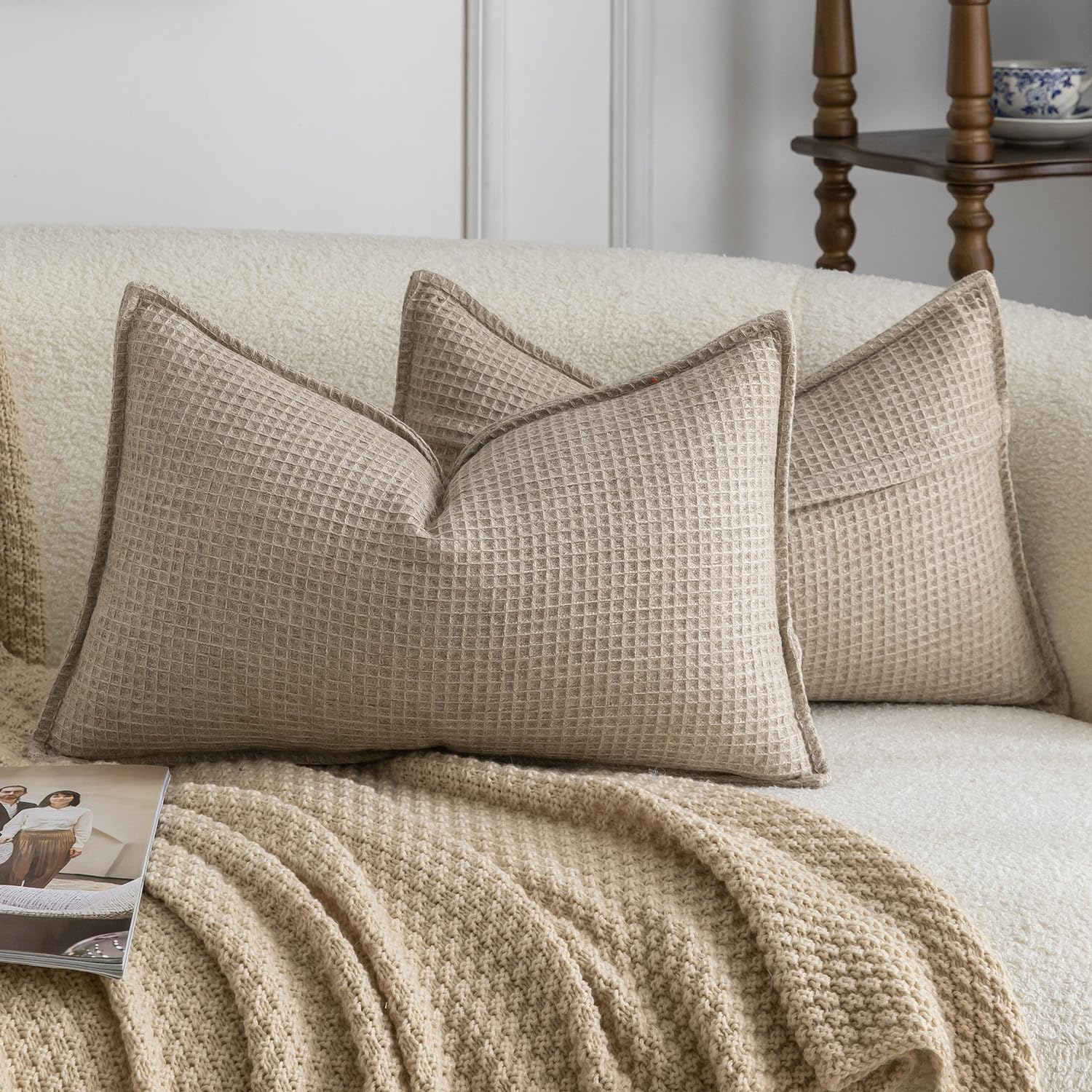 Madizz Pack of 2 Decorative Cushion Covers 30x50 CM Taupe Linen Blend Throw Pillows Soft Solid Textured Pillow Covers for Couch Sofa Bedroom Living Room