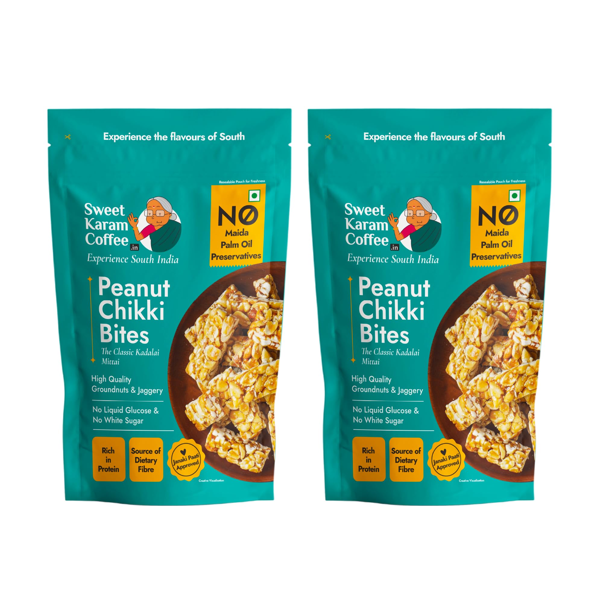 Sweet Karam Coffee Peanut Chikki Bites – Pack of 2 (150g Each) | No Palm Oil or Preservatives | Jaggery Sweetened | White Sugar Free | High Protein & Fiber | Kadalai Mittai Gajak | Healthy Indian Snack