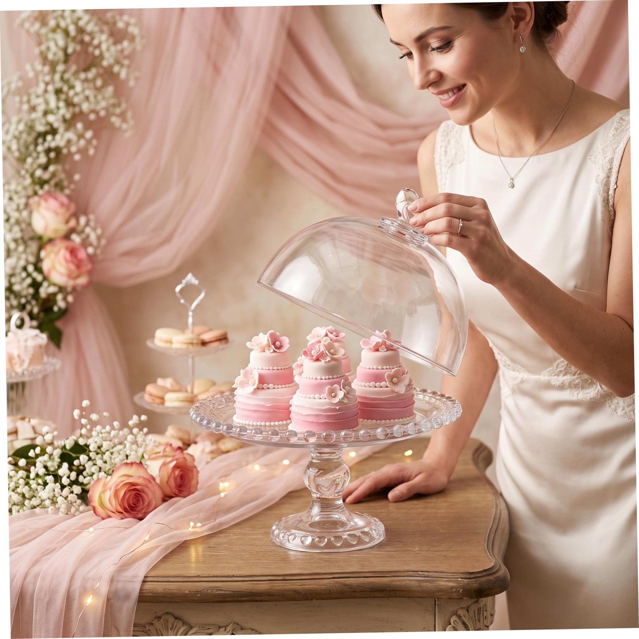 Soporte para tartas con cúpula de cristal en forma de corazón para bodas