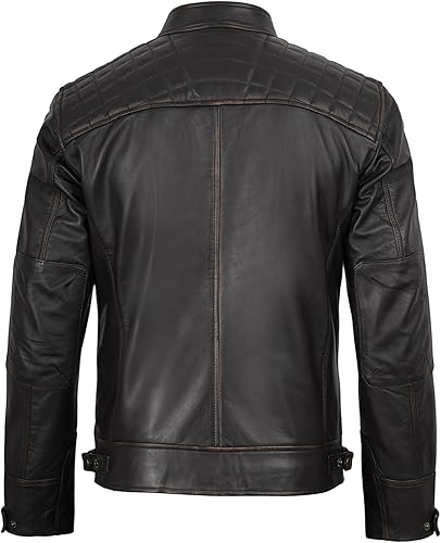 Vista 5 de fjackets Chaquetas de cuero para hombre de piel de cordero real - acolchado Cafe Racer Zip Up Moto Style Chaqueta de cuero para hombre