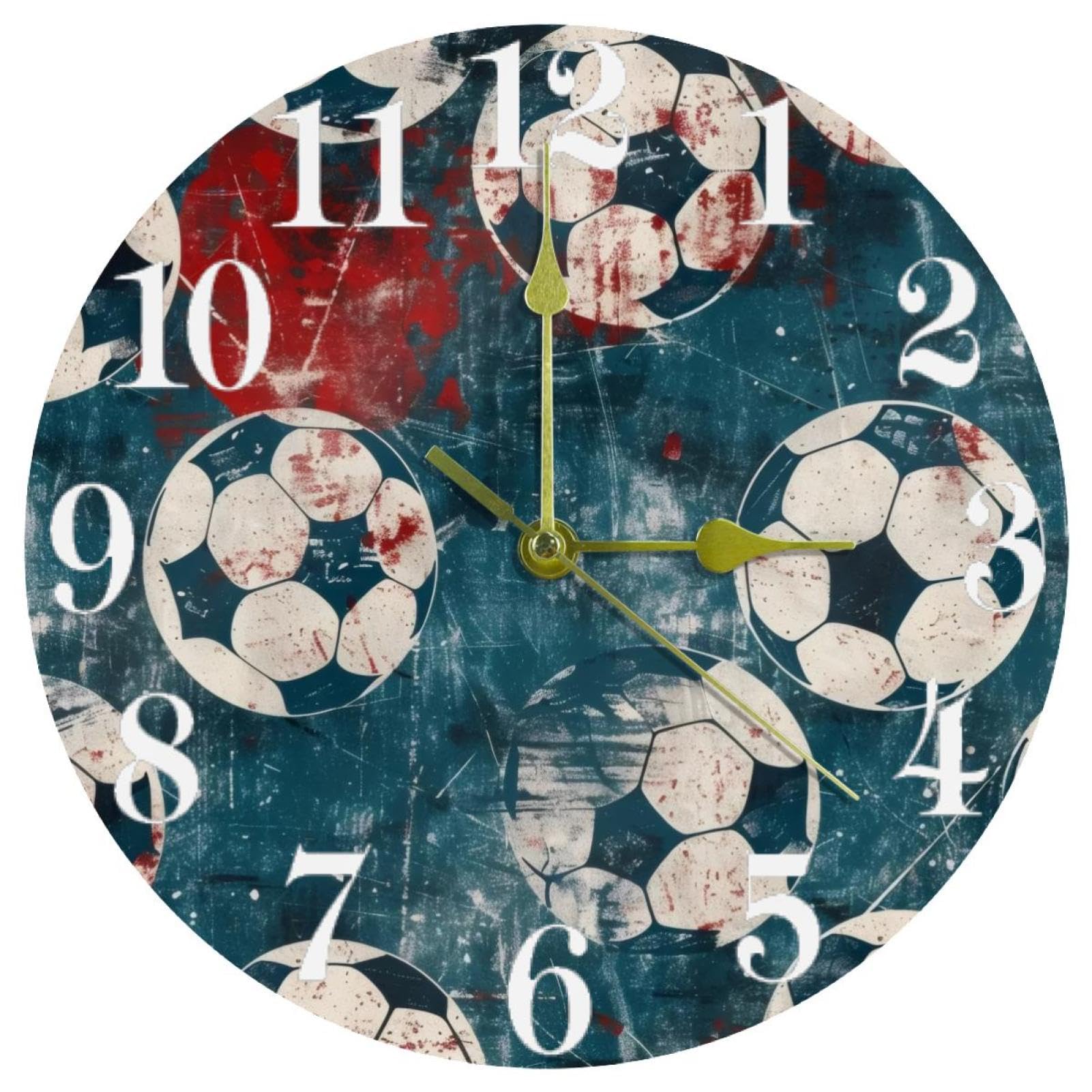 Horloge murale de maison grunge soccer silencieuse bleue à piles pour cuisine et bureau