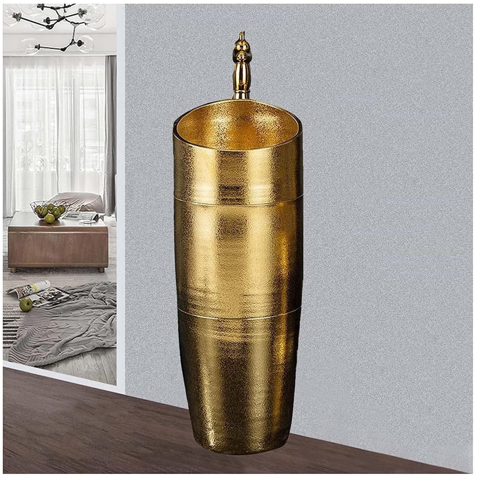ZTGL Gold Ceramic Pedestal Sink Modern Freestanding Bathroom Sink