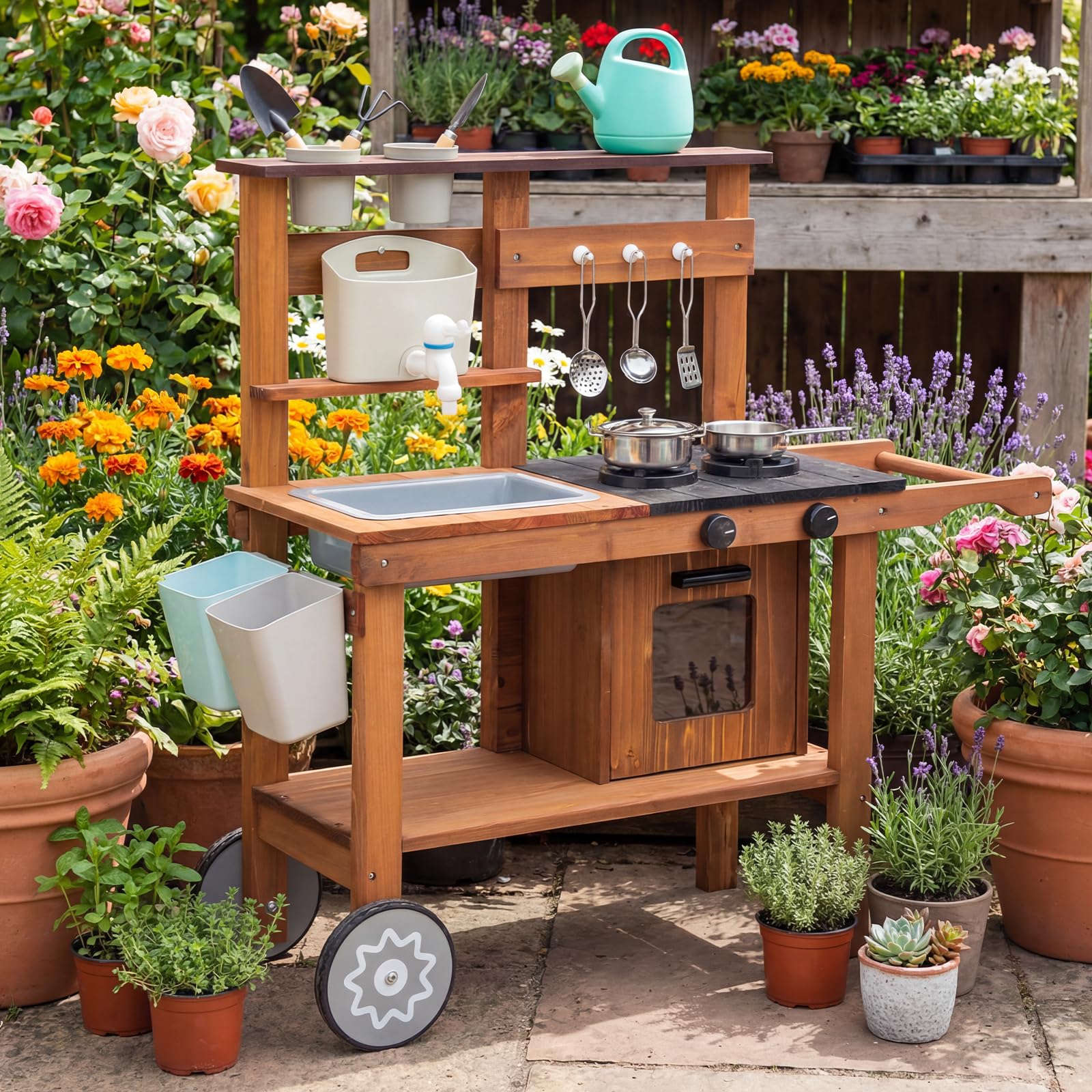 Outdoor Spielküche Gartenspielküche Matschküche Kinder Outdoor Mit Rädern, Wasserkocher, Spüle, Holzpflanzenbehälter, Kinderküche (Braun)