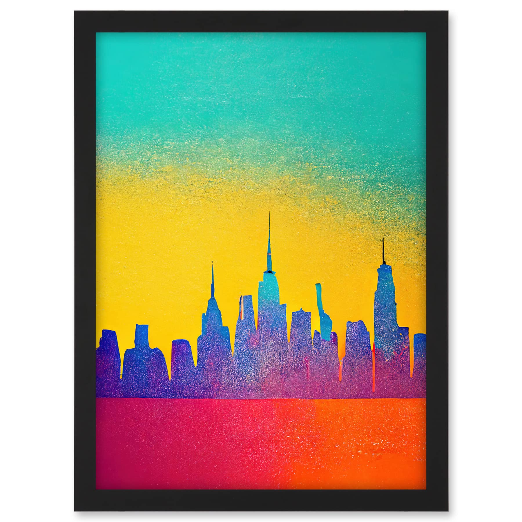 Wee Blue Coo Bright Colourful Abstract New York Skyline Cityscape Yellow Blue Coral Turquoise Artwork Framed A3 Wall Art Print