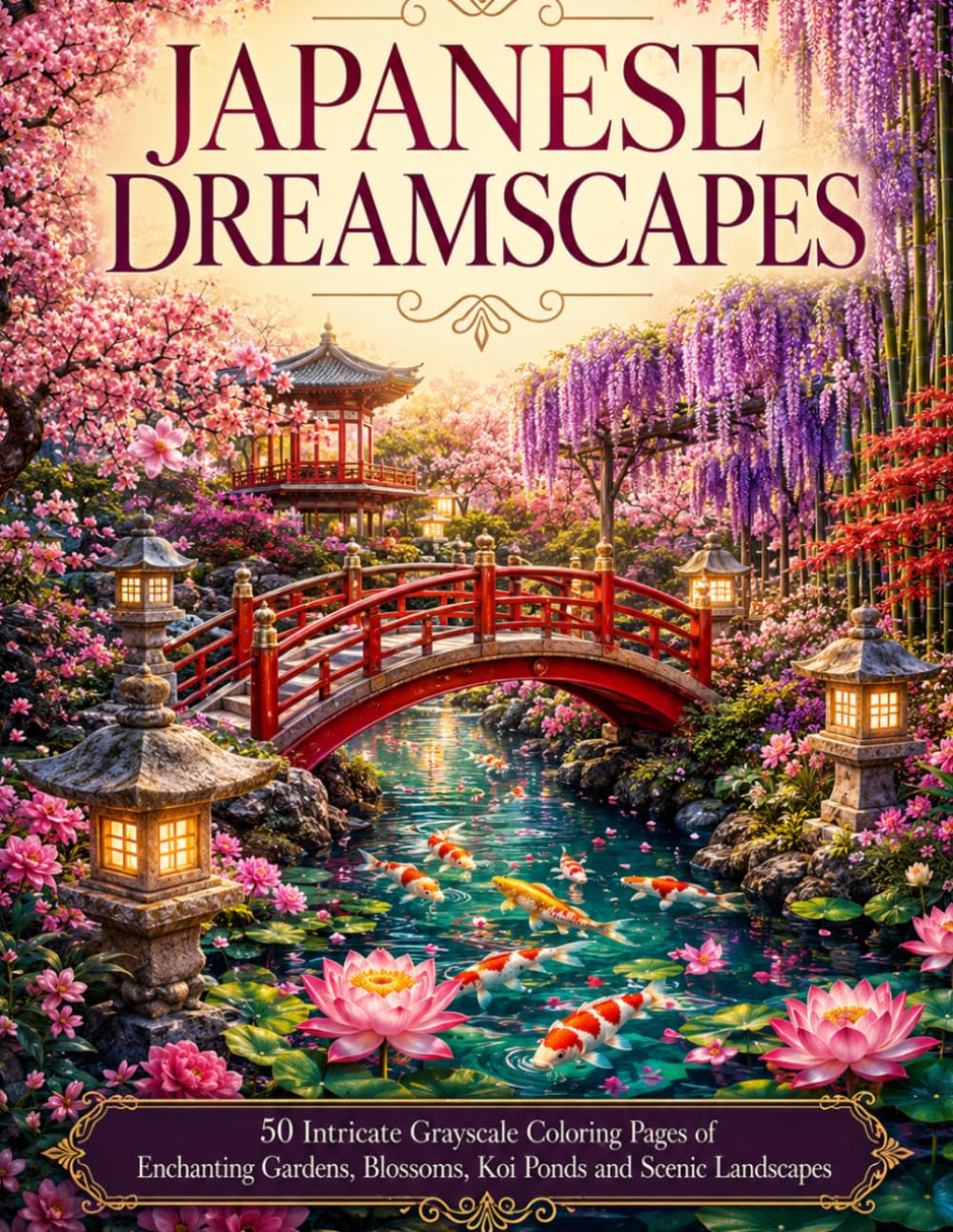 Japanese Dreamscapes: 50 Intricate Grayscale Coloring Pages of Enchanting Gardens, Blossoms, Koi Ponds and Scenic Landscapes