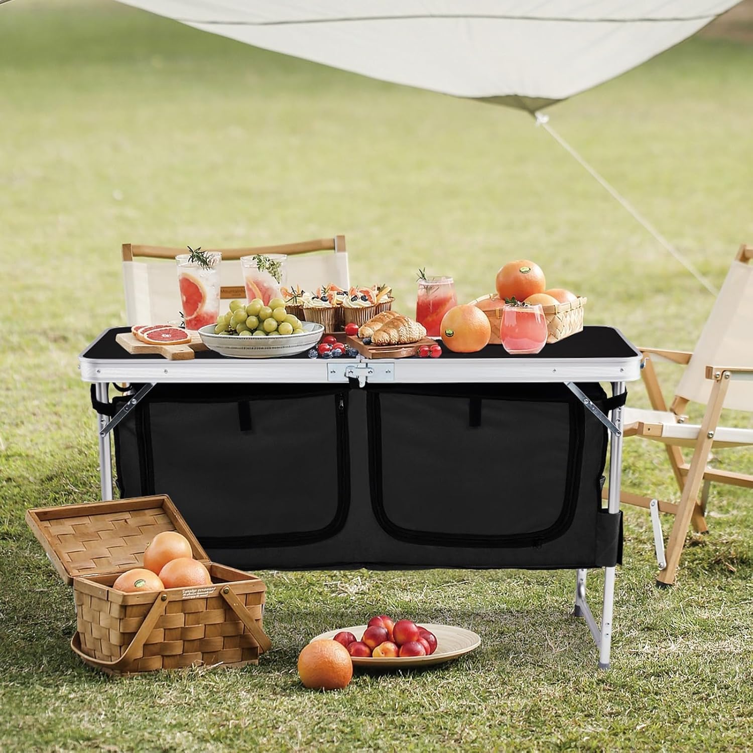 Camping Table Foldable Outdoor Picnic Table with Storage Compartments Adjustable Height Portable Folding Table for Camping Hiking BBQ