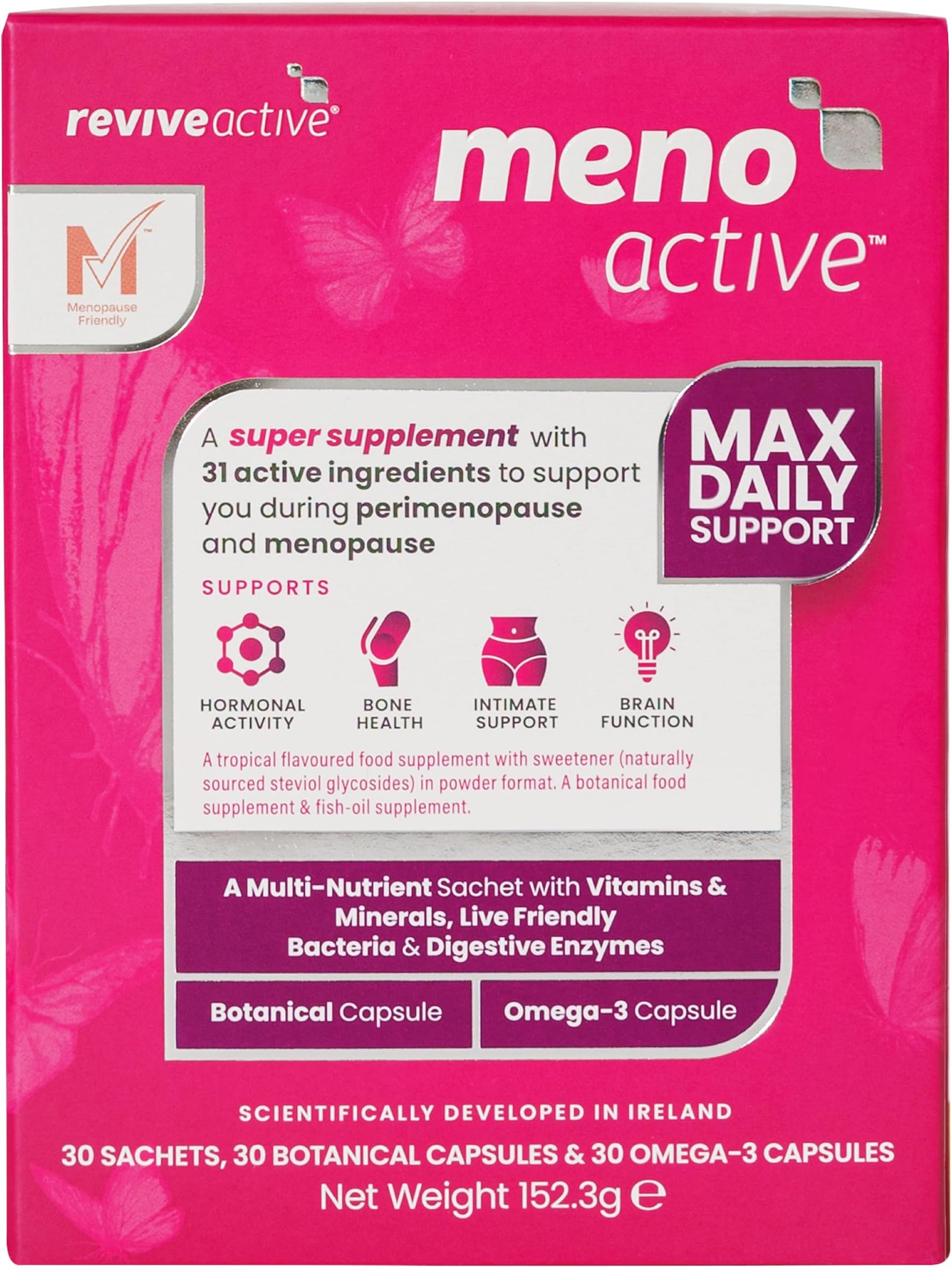 Meno Active Supplement - Support for Menopause and Post-Menopause - Multi-Nutrient Sachet with Vitamins & Minerals, Omega-3 & Botanical Capsule Support for Women - 30 Day Supply
