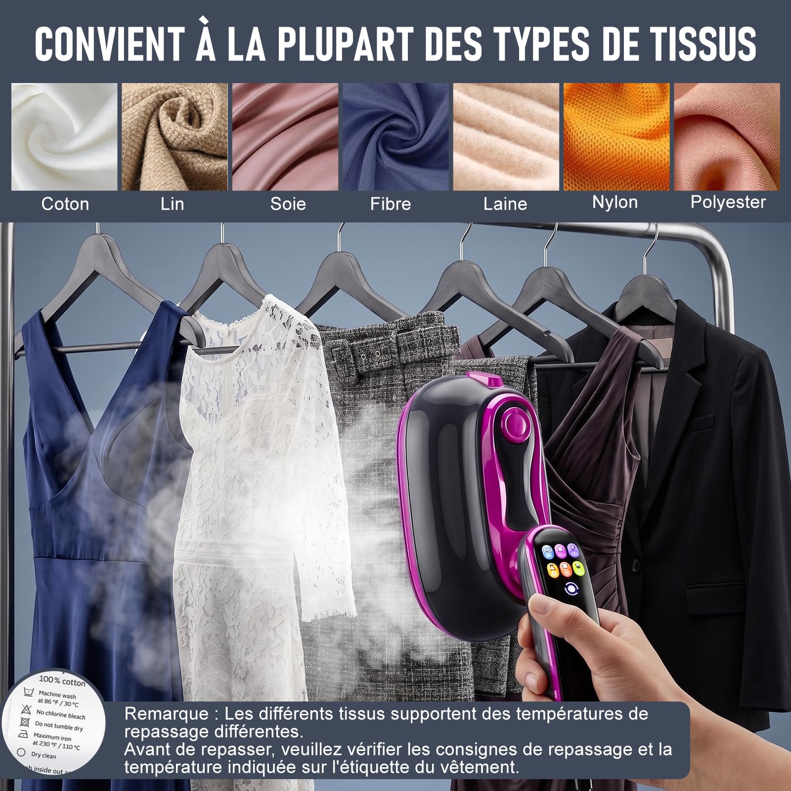 Défroisseur Vapeur 2 En 1, Défroisseur à Main 1300 W Portable Vêtements, Fer à Repasser de Voyage Écran Tactile Multi-Modes, 4 Vapeurs, Repassage Sec + Auto-Nettoyage, Réservoir 160 ml Maison/Voyage