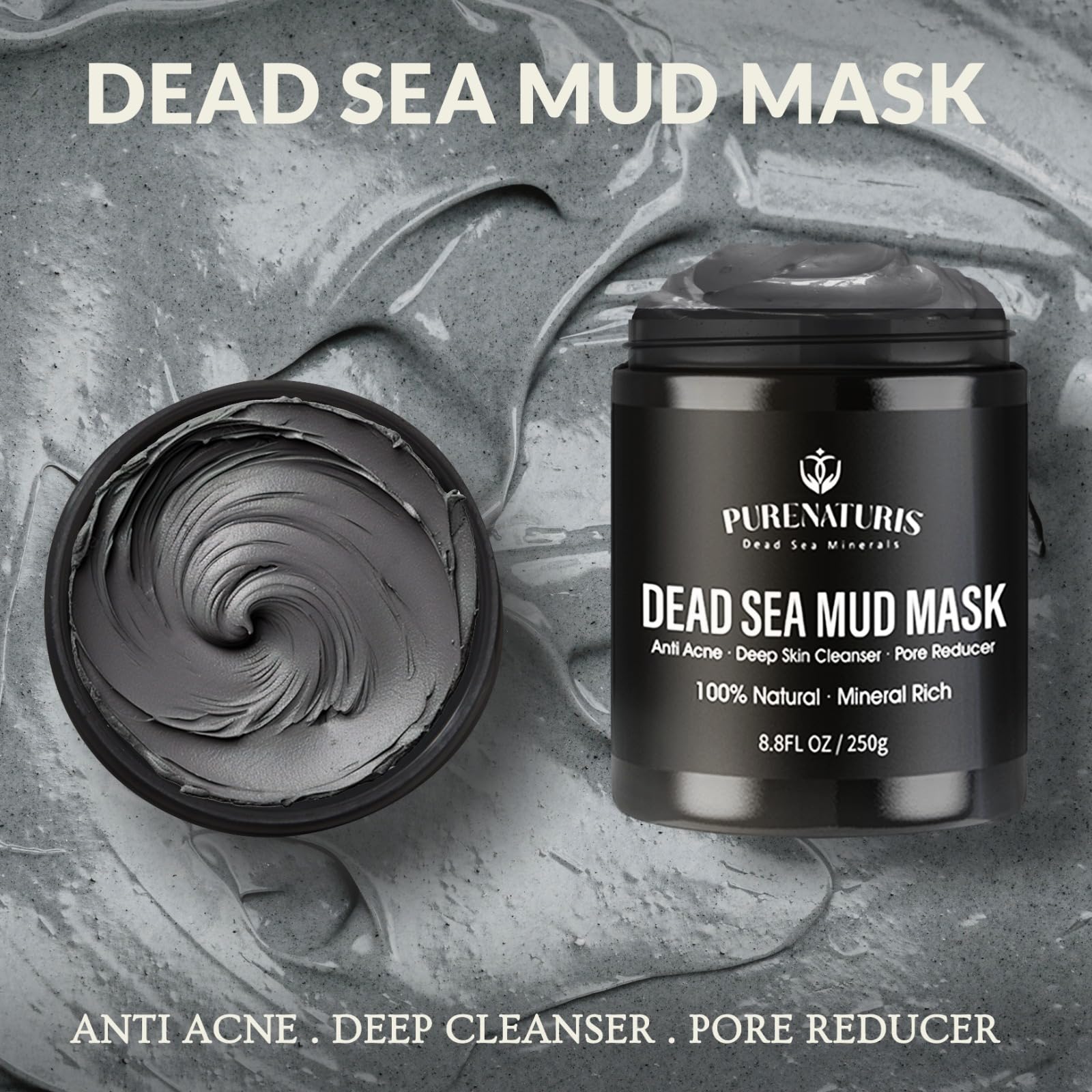 PureNaturis Organic Dead Sea Mud Mask for Face & Body, Premium Spa Quality Pore Minimizer for Acne, Blackheads, Oily Skin -Skin Tightening Formula for Women & Men, Achieves Healthier Complexion 8.8 oz
