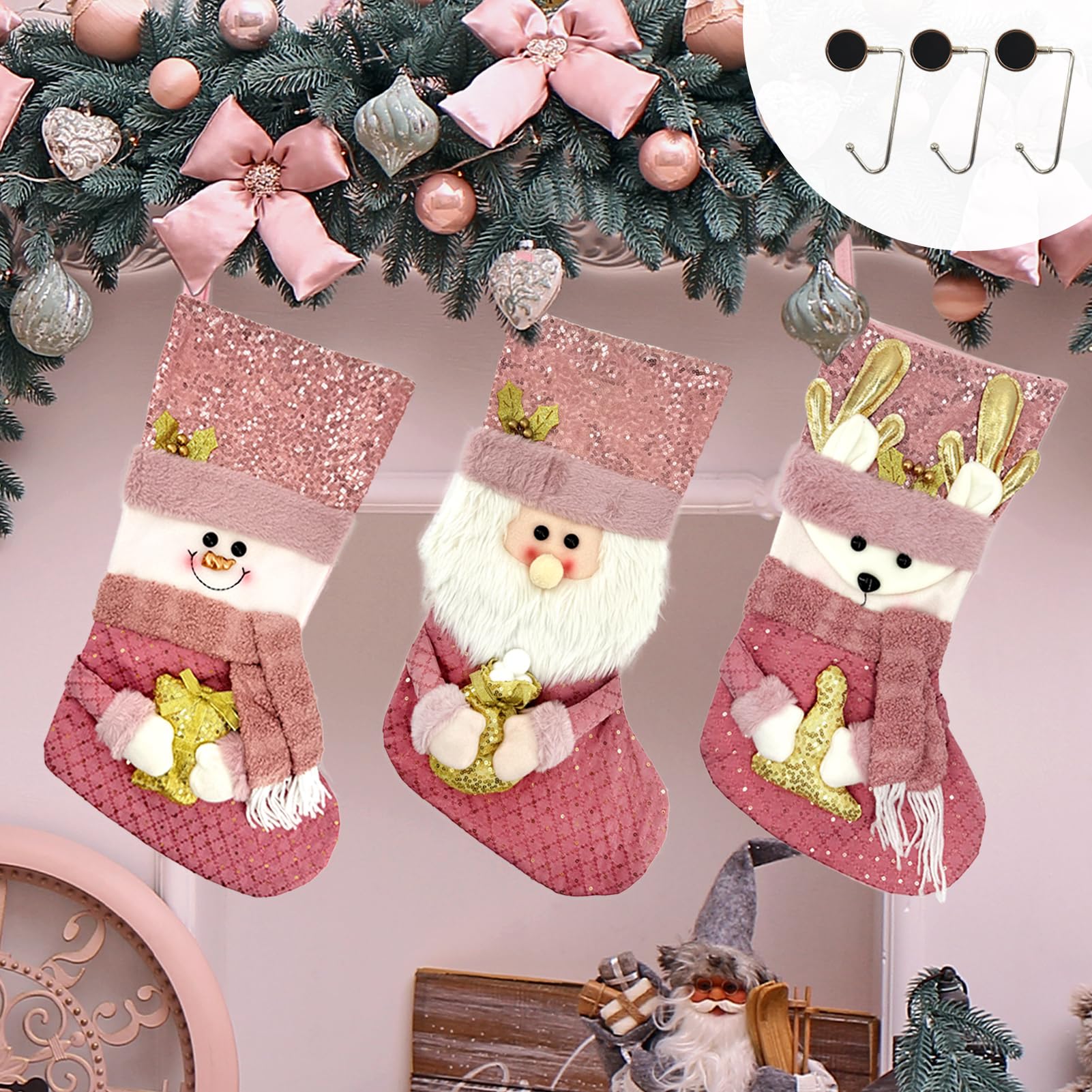 Chaussettes de Noël roses (lot de 3) avec crochets de suspension et décors festifs