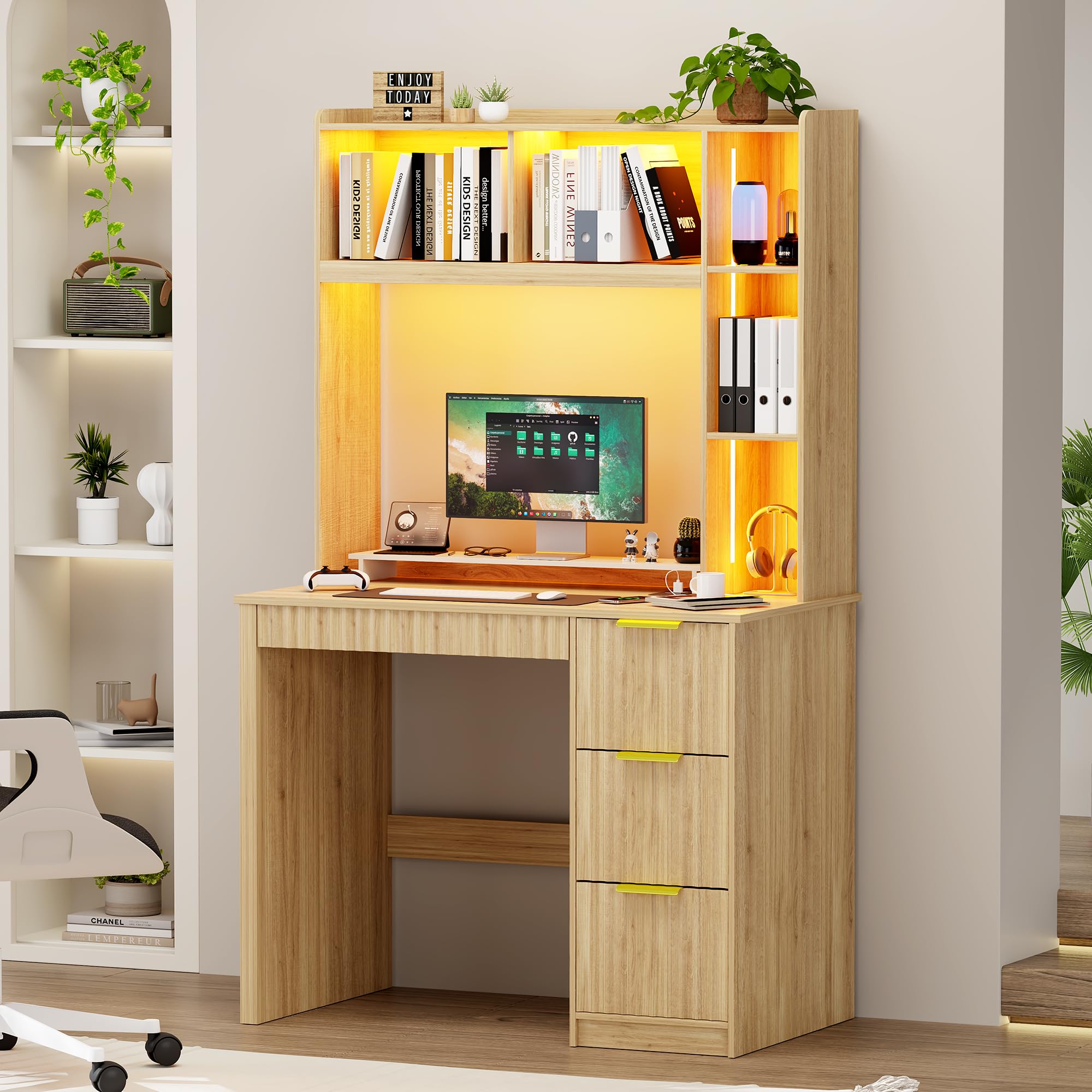 Gurexl Computer Desk with 2 Power Outlet and LED Lights,Office Desk with NFC Lockable Drawers and Shelves,Wooden Writing Workstation with Hutch for Small Space,Game Room,Home Office,Bedroom,Wood