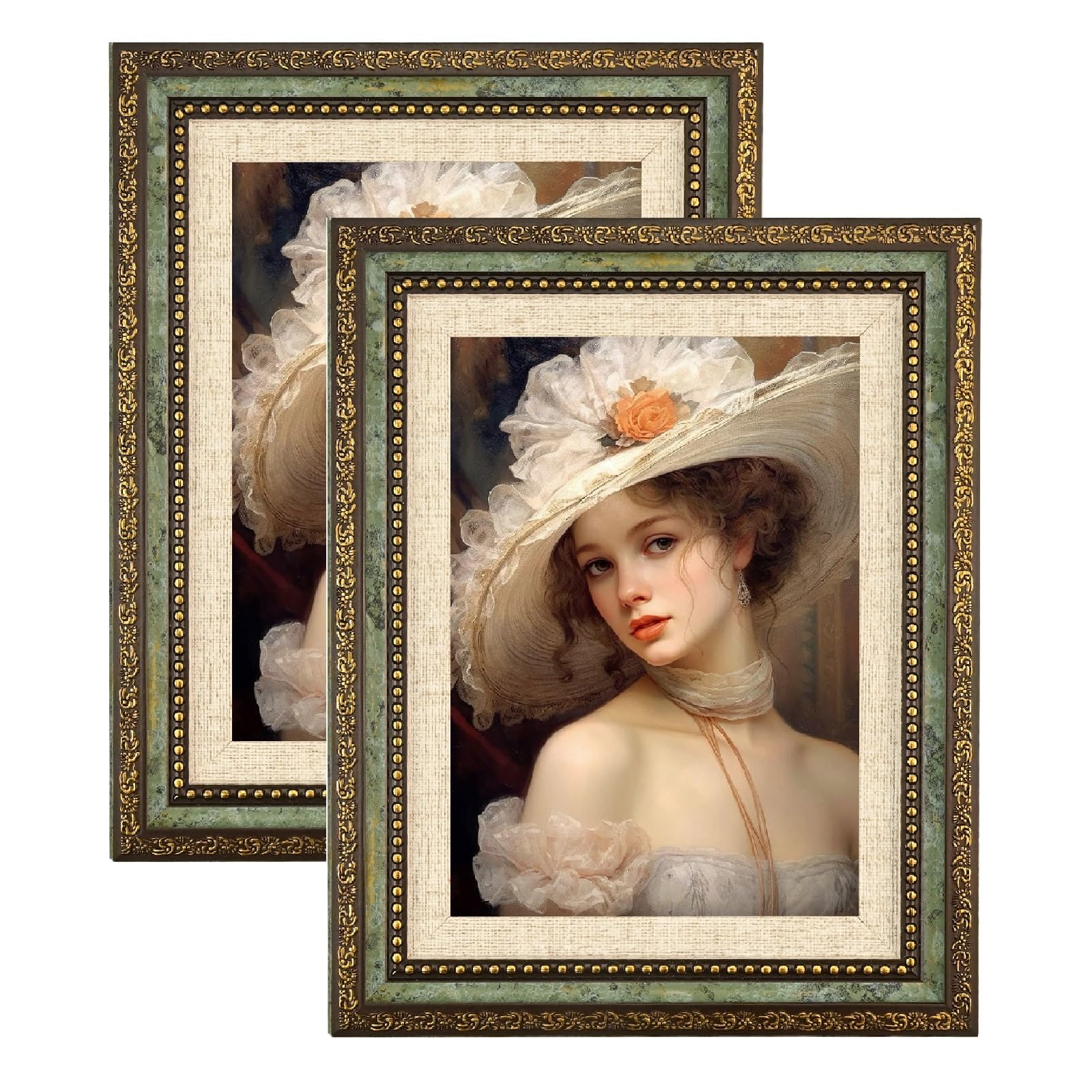 2Pcs 5x7 Vintage Picture Frame Antique Green - 7x5 Retro Ornate Green Photo Frame with Stand Free-standing Horizontally & Vertically for Home Office Desk Tabletop Display 12.7 x 17.8 cm