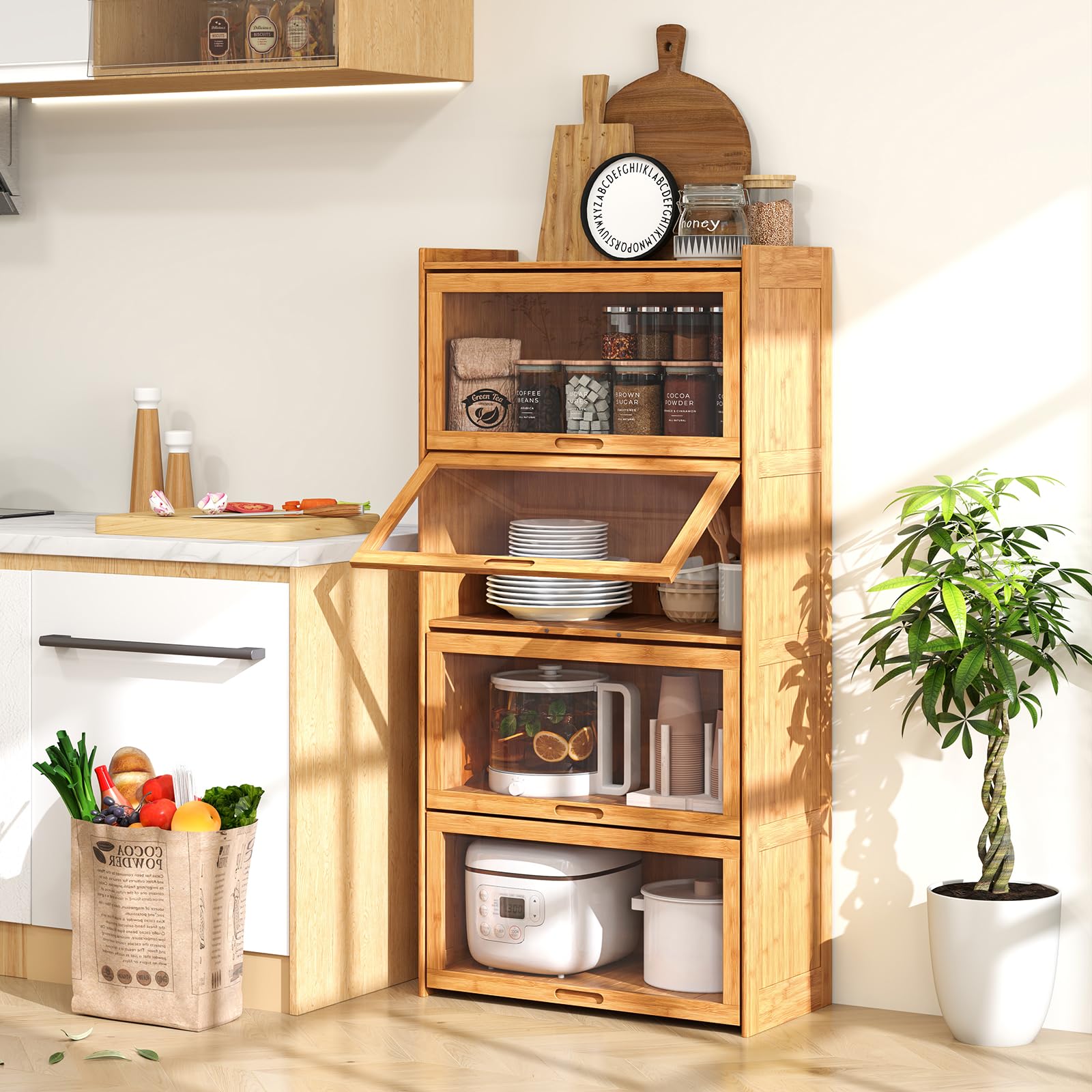 GIANTEX Estantería de Libros de Bambú 4 Niveles, Armario de Almacenamiento con Puertas Abatibles de Acrílico Transparente, 69 x 34 x 140 cm, Mueble Auxiliar para Salón, Cocina, Dormitorio (Natural)