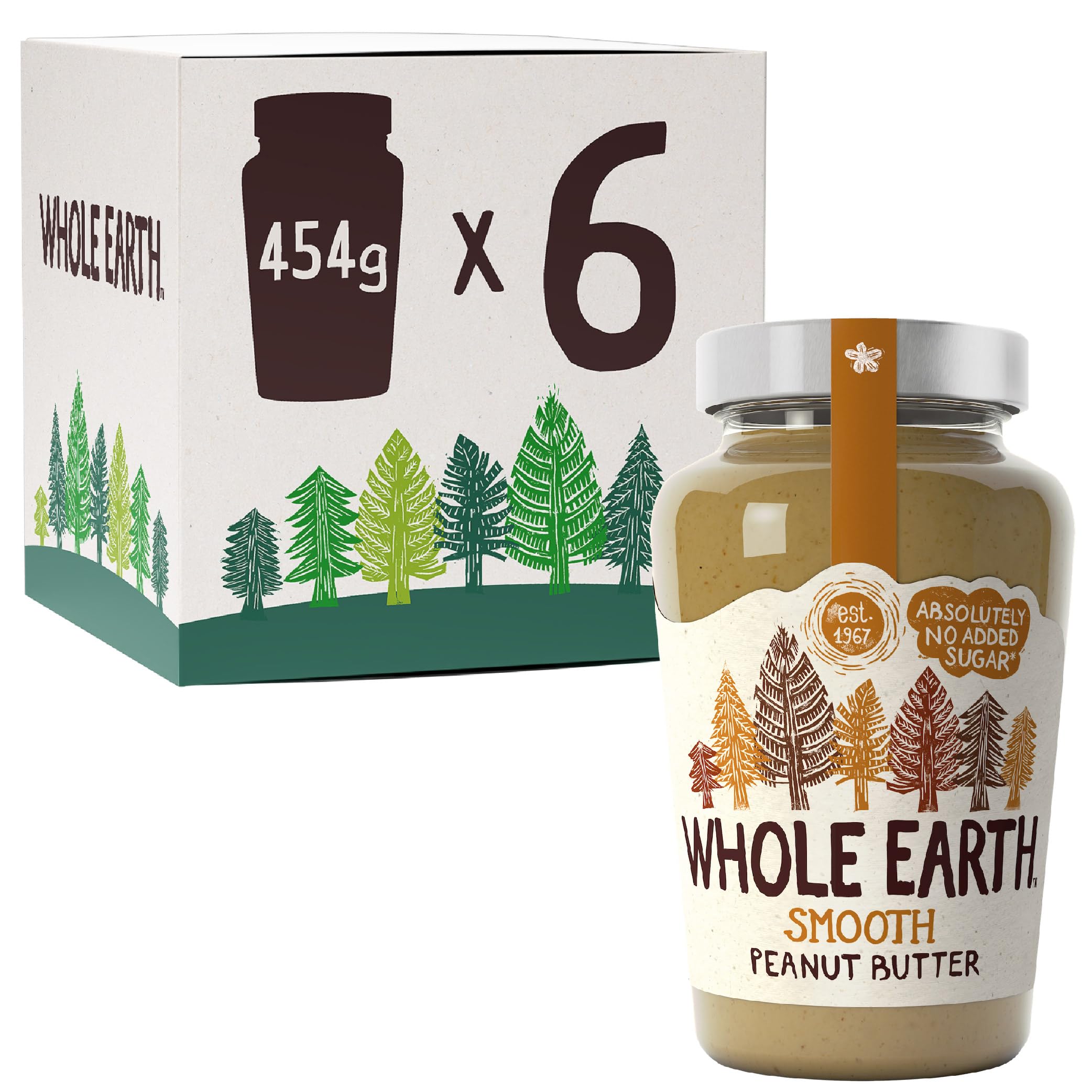 Whole Earth Smooth Peanut Butter, Original Nut Spread Made with All Natural Ingredients, No Added Sugar, Gluten Free, Vegetarian & Vegan Friendly (6x 454g Jars)