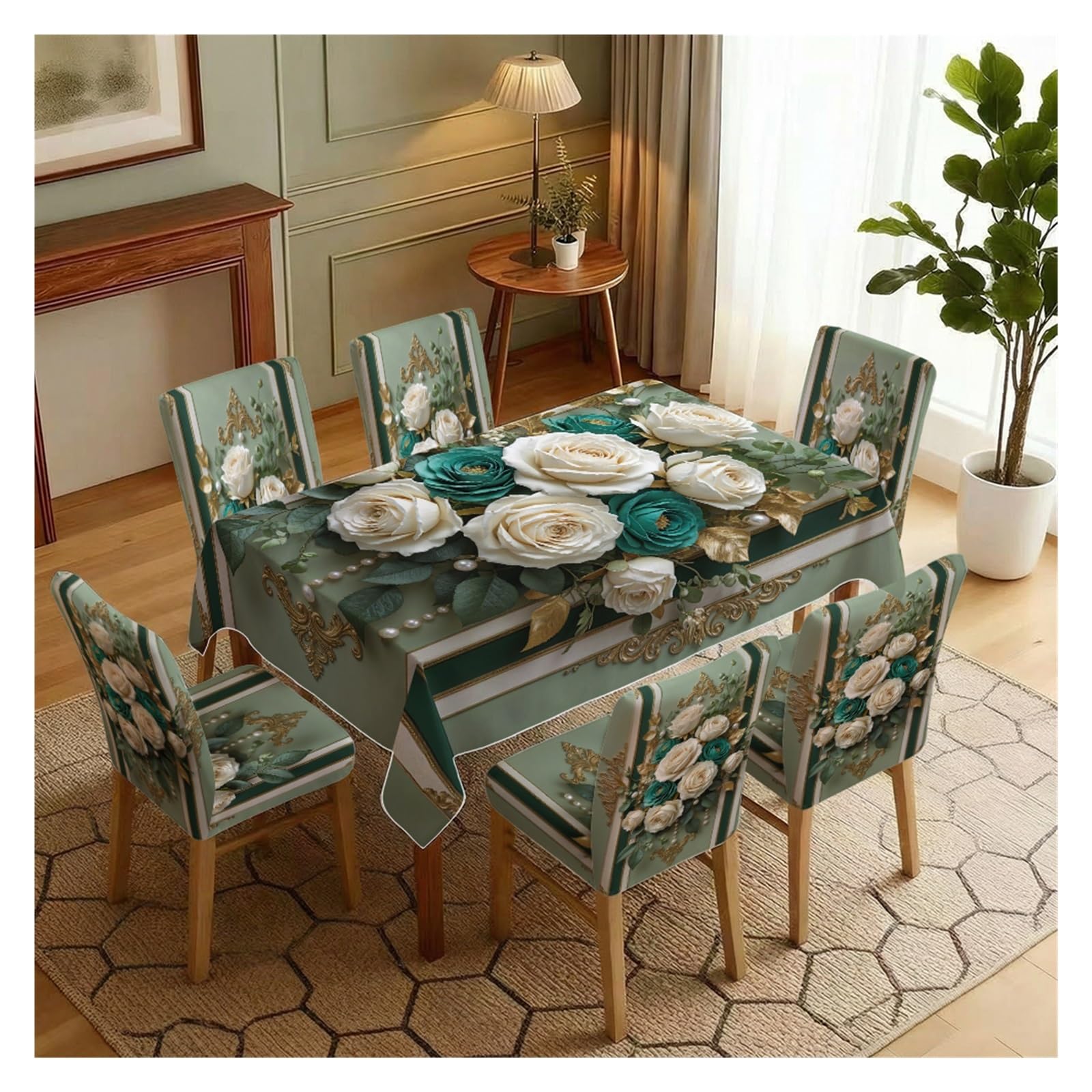 KXUAUV Luxury Green Gold Baroque Rose Print Tablecloth And Chair Covers Set, Stretch Slipcovers For Elegant Formal Dining Room Banquet Decor, 5/7 Pack Party Decor(7pcs Set: Tablecloth+Chair Covers)