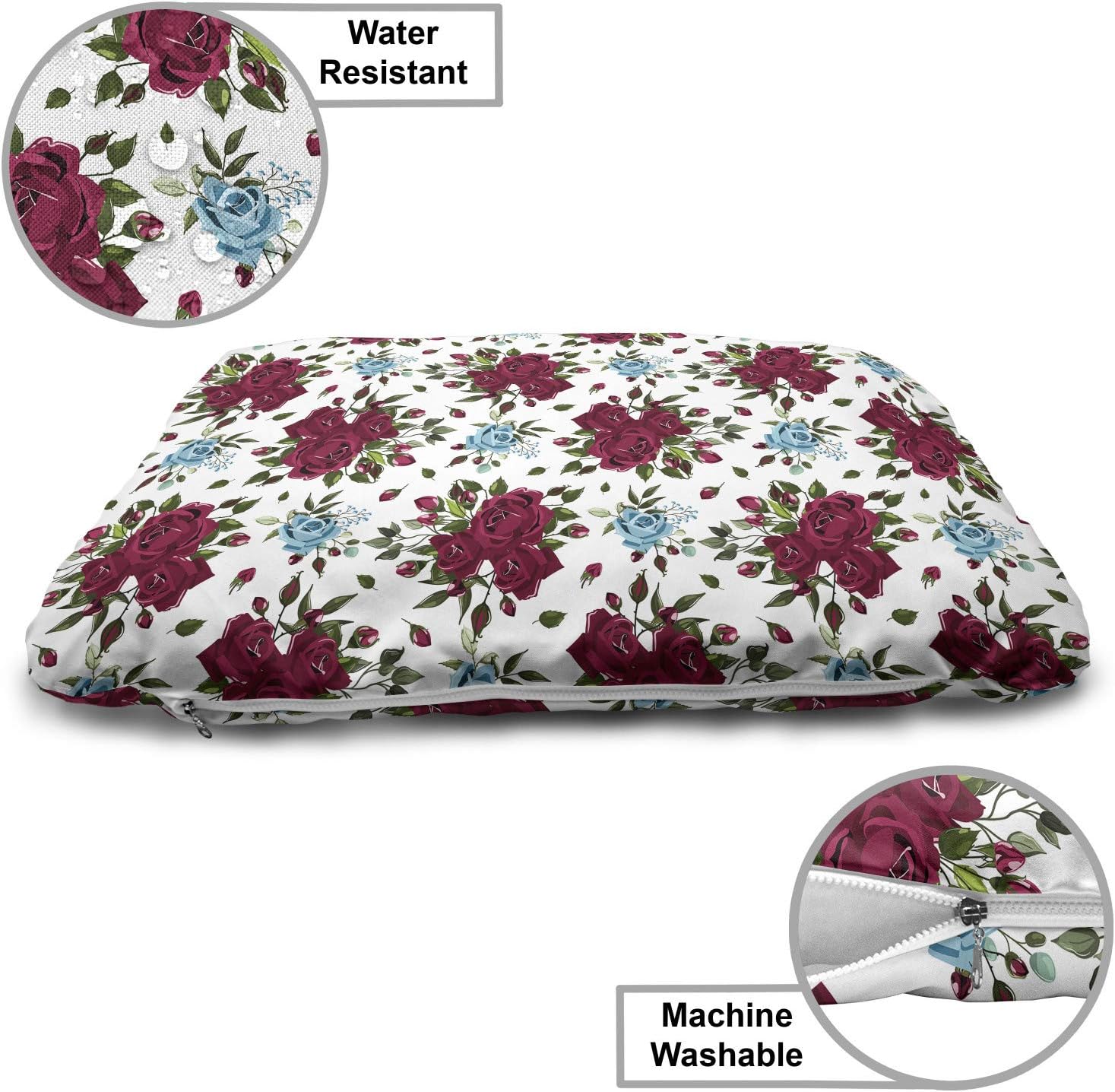 review Lunarable Rose Pet Bed, Repetitive Romantic Bouquets with Buds and Leaves in Blue and Burgundy Tones, Chew Resistant Pad for Dogs and Cats Cushion with Removable Cover, 24