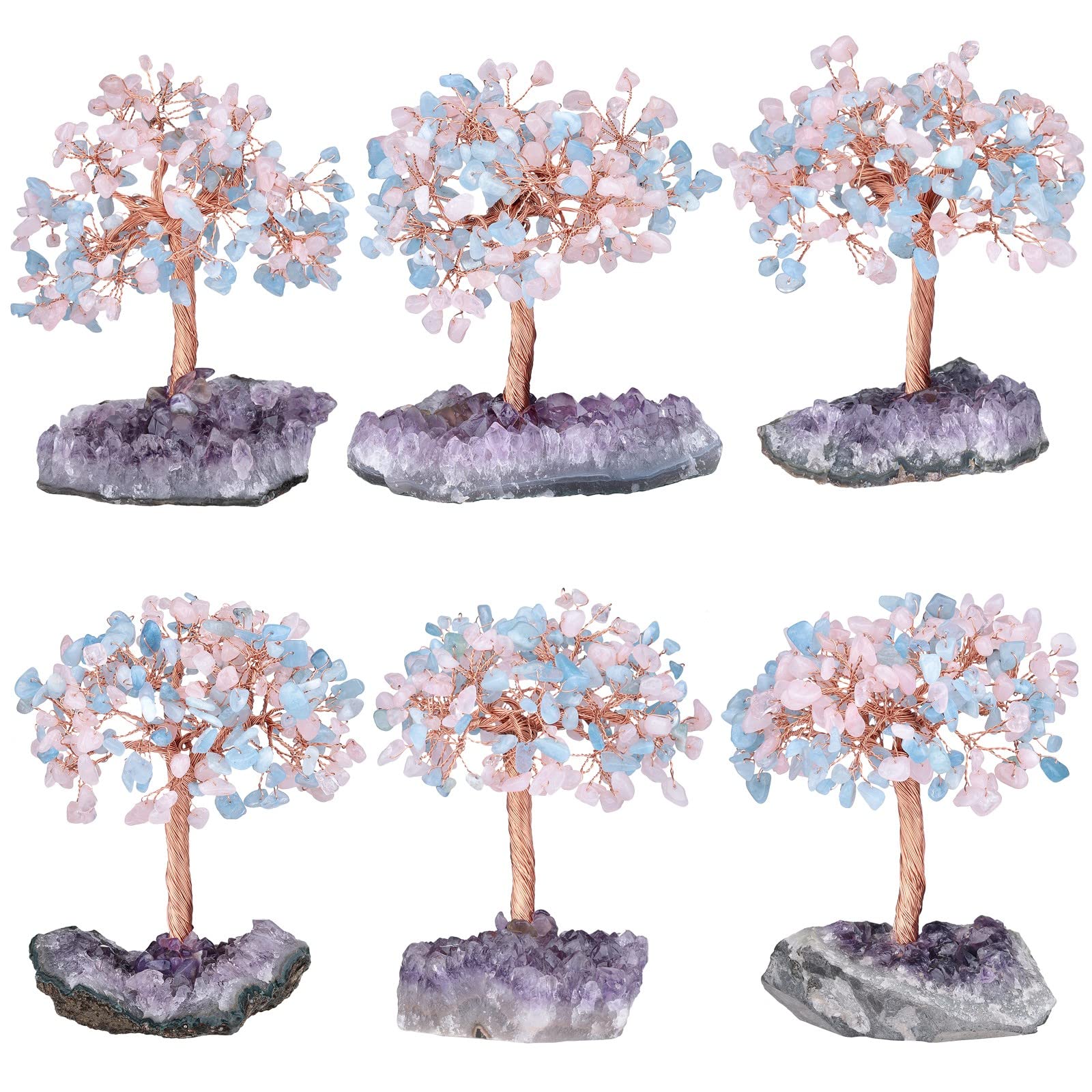 Nupuyai Albero della vita in pietra con base in cluster ametista naturale, Feng Shui Bonsai in cristallo albero concentrico simbolo d'amore per decorazioni di nozze e ufficio, acquamarina e quarzo