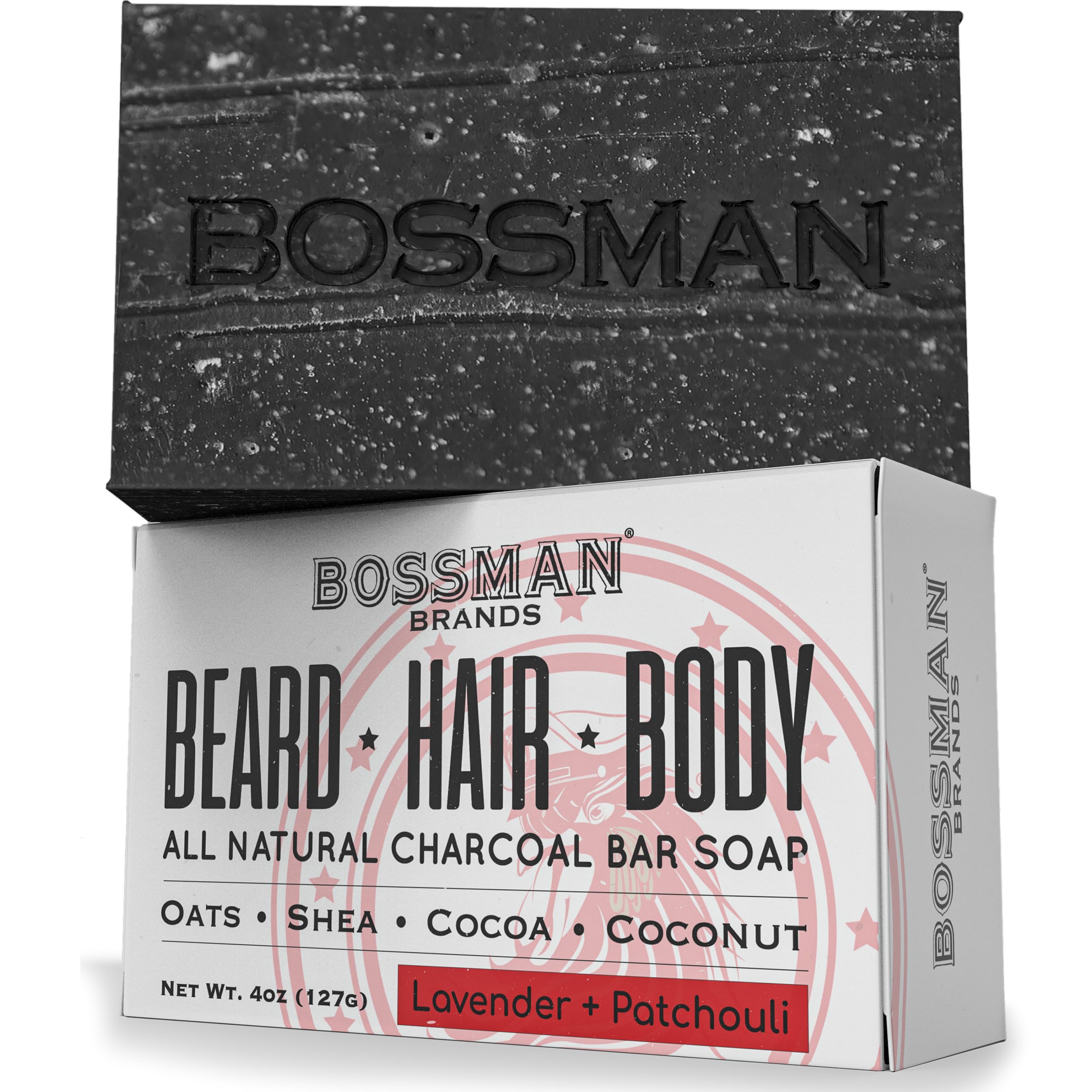 Bossman 4-in-1 Charcoal Soap Bar (4 oz) – Bar Soap for Men – All-Natural Beard Wash, Shampoo, Body Wash & Shaving Solution – Eucalyptus & Tea Tree Scent