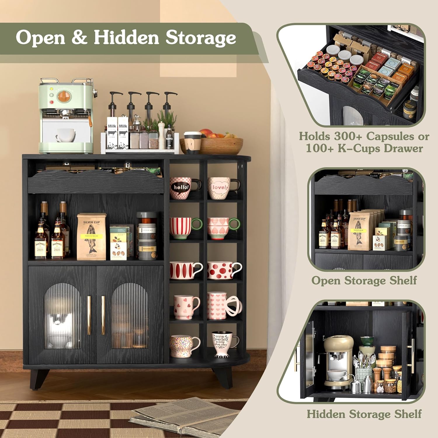 VINAEMO Coffee Bar Cabinet with 24-Cup Display, Large Drawer & Storage,Modern Buffet Sideboard for Kitchen, Medium Wooden Bar Station for Apartment，Black