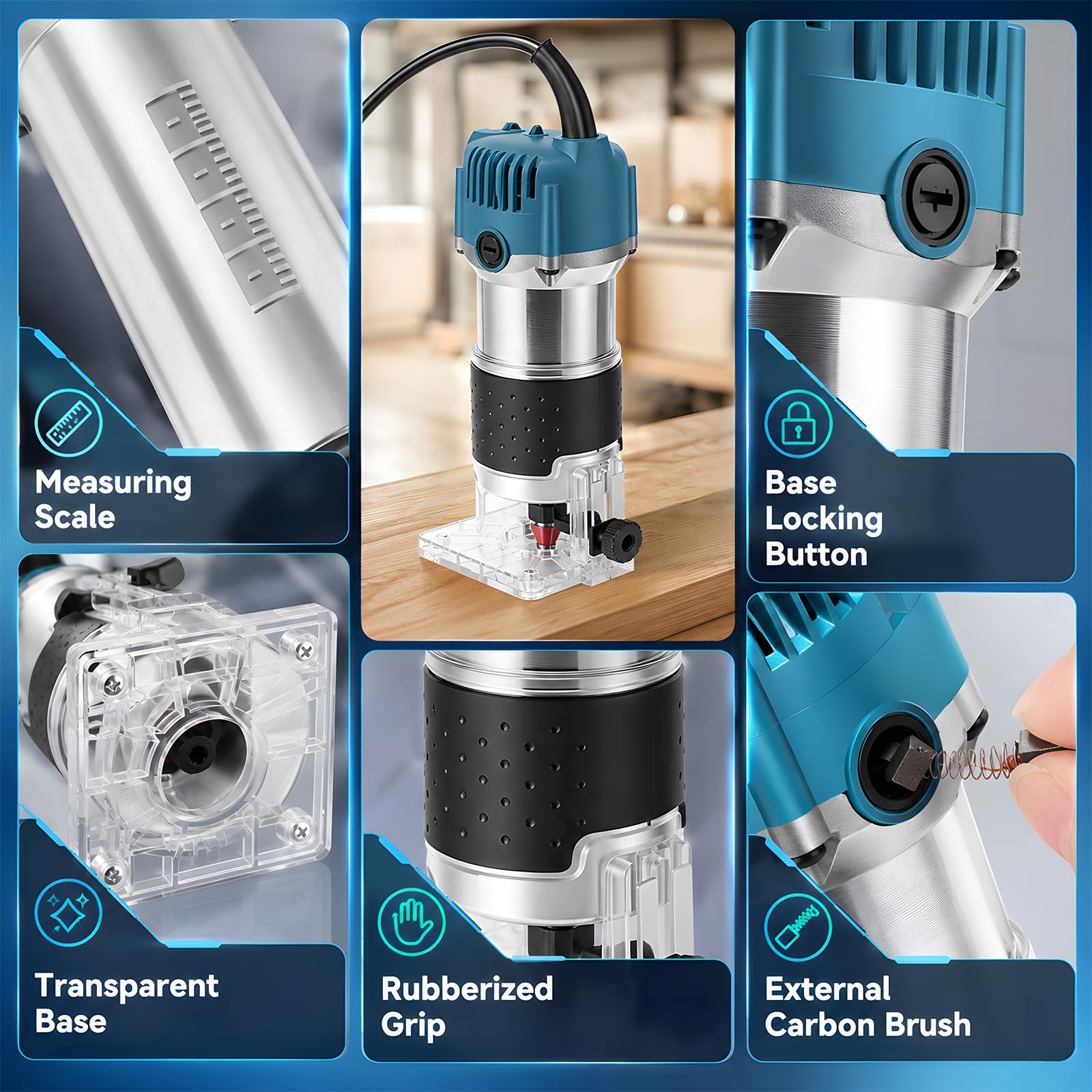 Fresadora de cantos de 800 W con 15 piezas, 800 W, 30000 rpm, fresadora profesional de 6,35 mm y carcasa de aluminio, fresadora de madera precisa para aficionados y profesionales