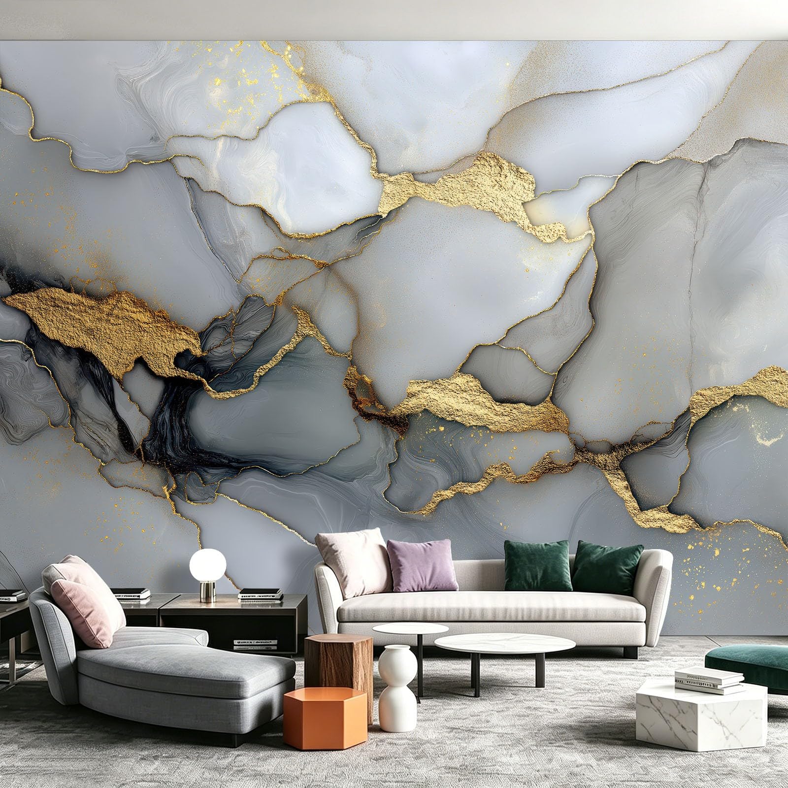 Générique Tapeta 3D do salonu - marmurowy wzór złotej linii 350x256cm Panoramiczny Nowoczesny krajobraz - Dekoracja do sypialni i pokoju dziecięcego