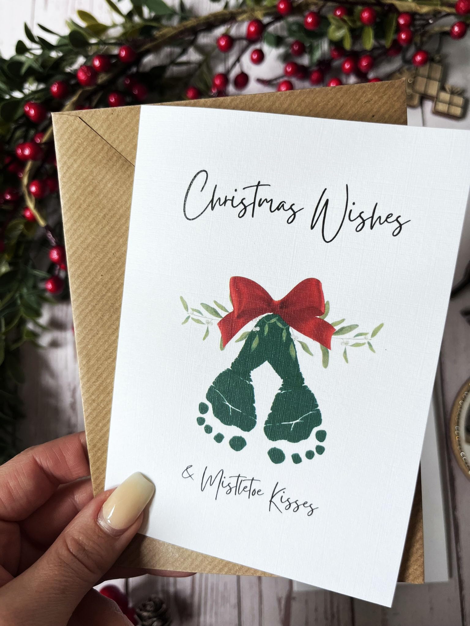 Baby Footprint Christmas Card for My First Christmas. Chrismas Wishes & Mistletoe Kisses. Perfect for Family & Friends. Unique Greeting Card (DIY Mistletoe)