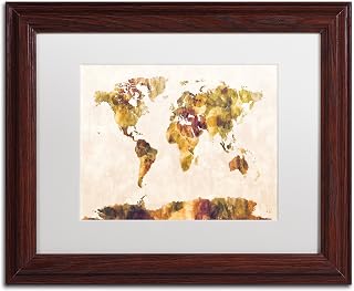 Trademark Fine Art World Map Watercolor Painting by Michael Tompsett, White Matte, Wood Frame 11x14-Inch