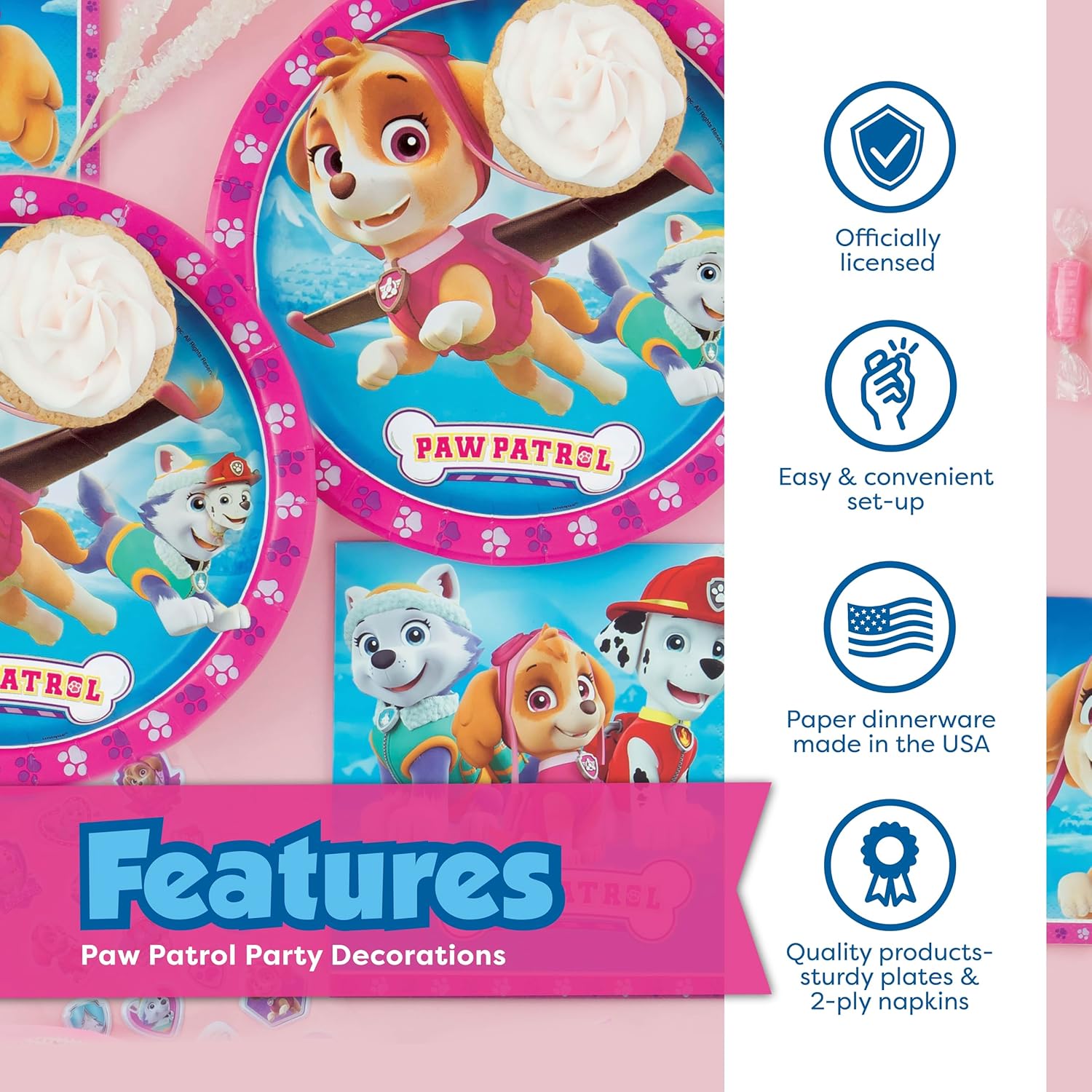 Skye Paw Patrol Birthday Decorations | Serves 16 | Pink Banner, Tablecloth, Balloons, Plates and Napkins, Temporary Tattoos, Sticker | Paw Patrol Party Decorations for Girls