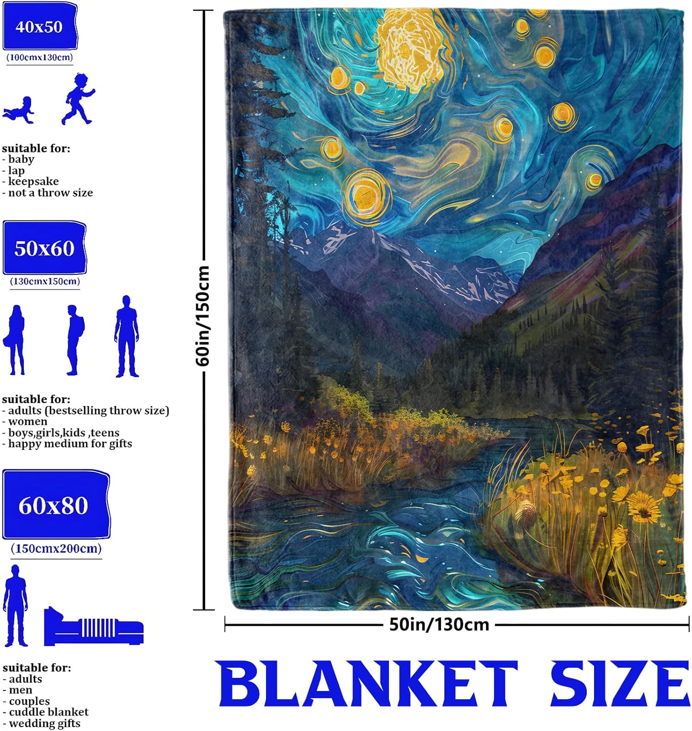 Starry Night Mountain Throw Blanket for Boys Girls Kids Adults Women, Fuzzy Warm Soft Cozy Flannel Blankets Gifts for Bedroom, Couch, Travel, Home Decor 60x80 in