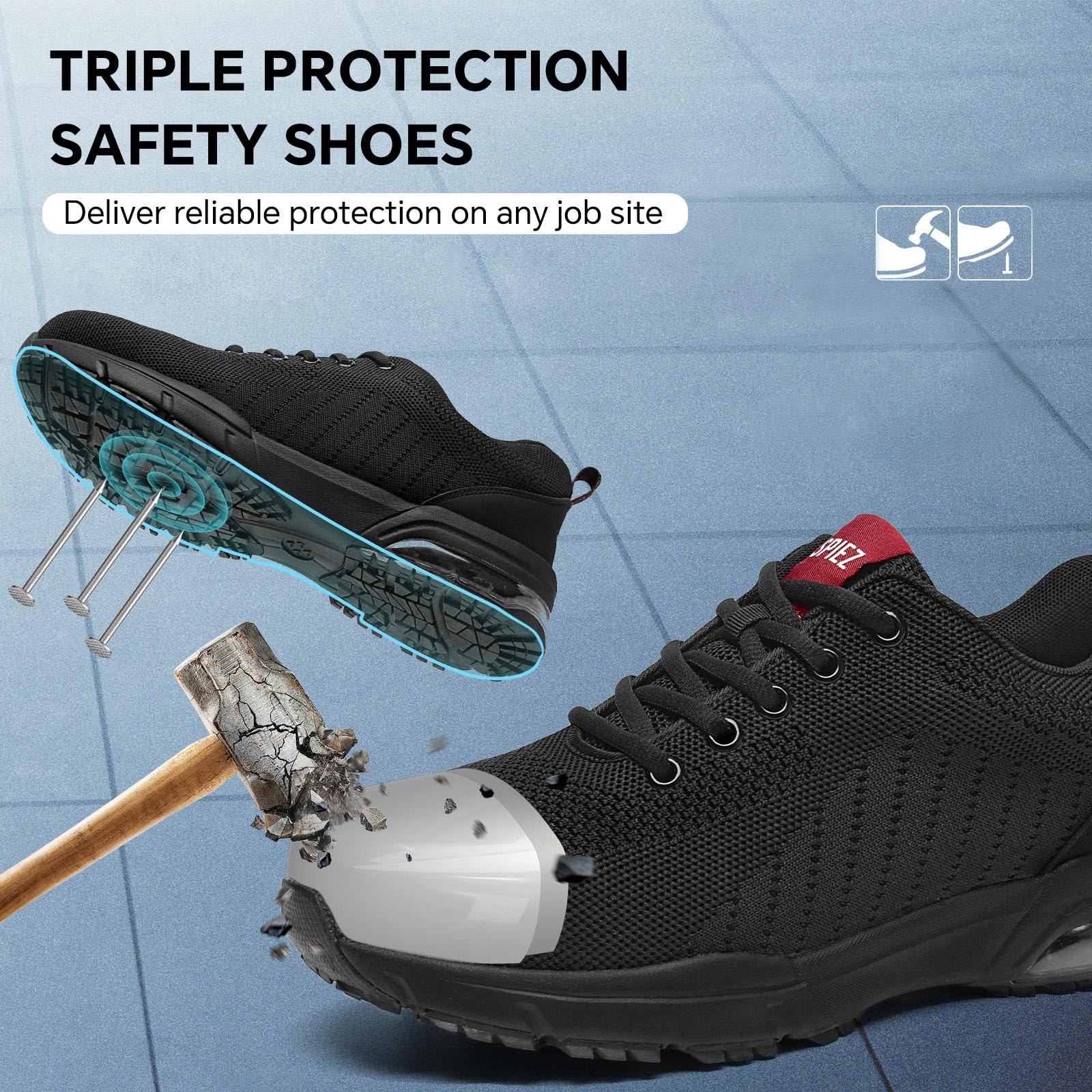 SPIEZ Zapatos de Seguridad Hombre Mujer Ligeros con Puntera Composite y amortiguación de Aire Negro/Rojo Tallas EU 36-46