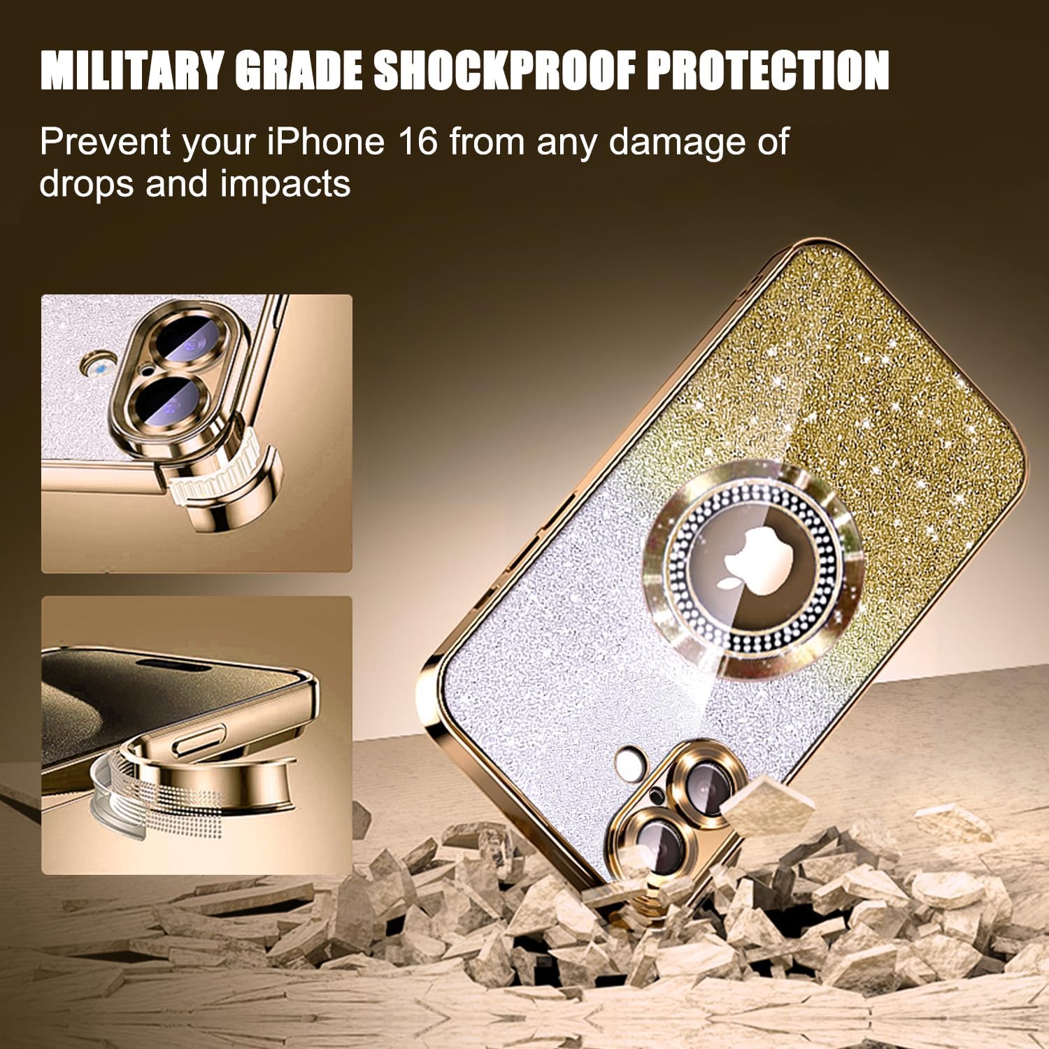 Misscase for iPhone 16 Magnetic Glitter Case Compatible with MagSafe,Full Protection Slim Shockproof Anti-Scratch Case with Camera Lens Protector Logo View Dust-Proof Net for Women Gold - Image 5