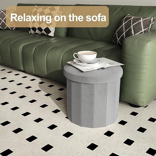 Miniatura 5 de Ablon Otomana de almacenamiento de terciopelo, cajas de almacenamiento redondas con asiento acolchado suave, reposapiés plegable y organizador para