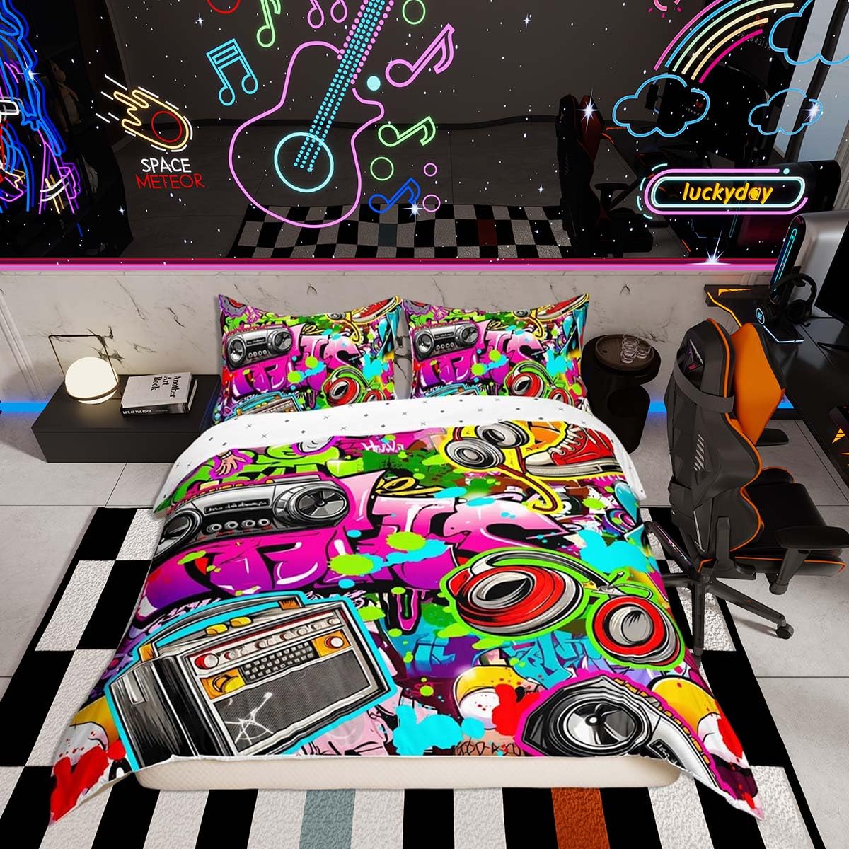Homemissing Hippie Graffiti Style Duvet Cover Set Double Size For Kids Boys Teens Graffiti Graphic Bedding Set Street Culture Comforter Cover with 2 Pillowcases Hip Hop Music Bed Sets