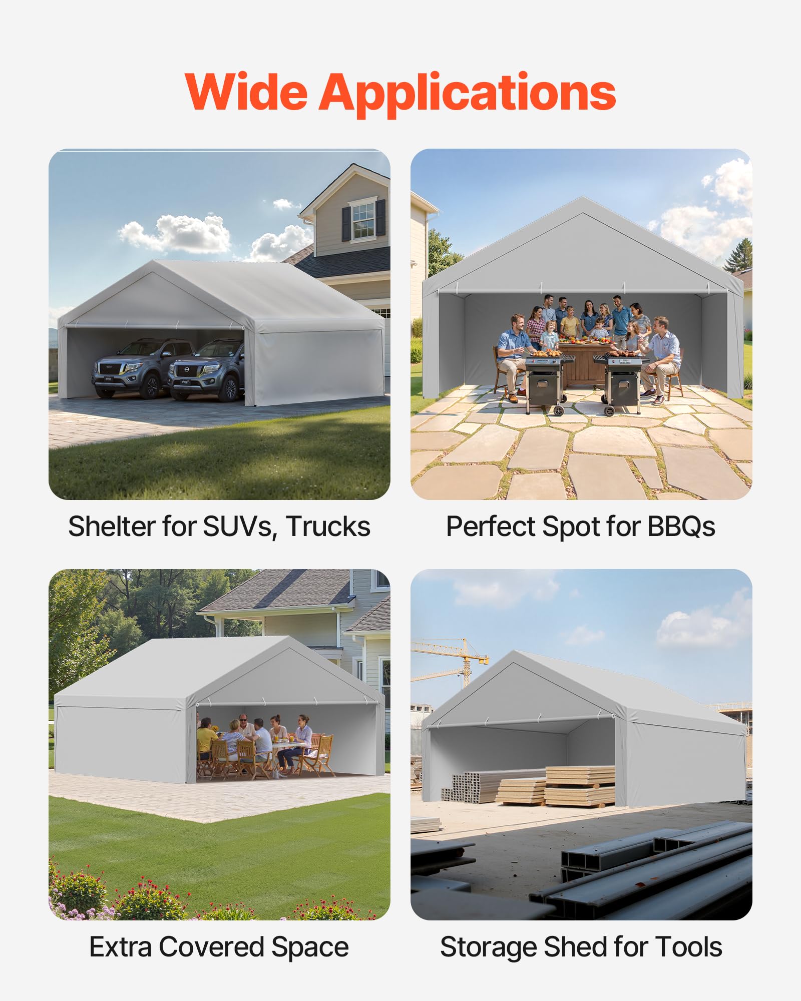 VEVOR Toile Rechange Carport, 6x6 m, Bâche Toit Abri Voiture, Couverture Tente Garage Portable, Résistante UV Imperméable, avec Parois Latérales, Cordons Élastiques à Billes, Gris, Cadre Non Inclus