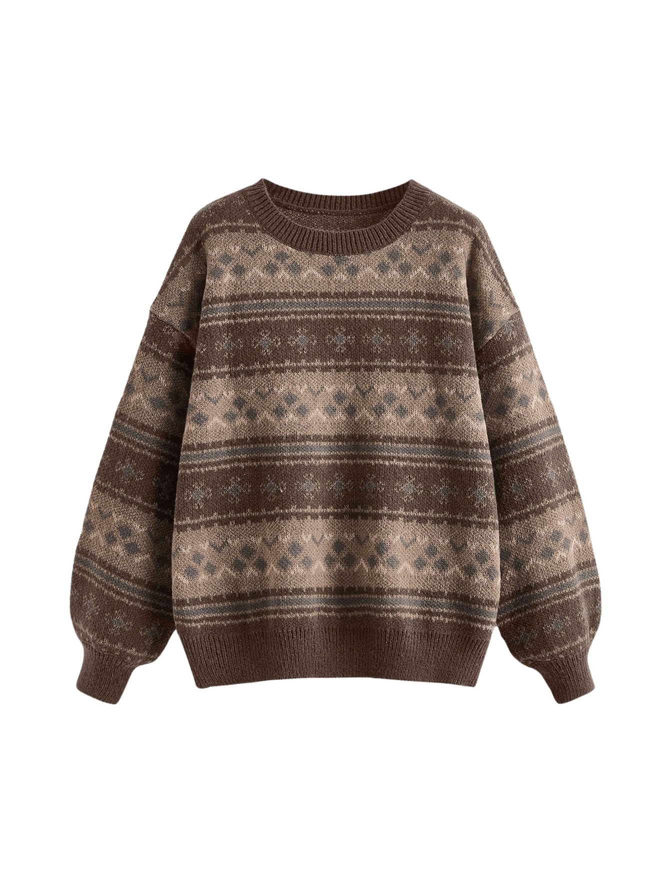 MakeMeChic Womens Winter Christmas Sweaters Grandpa Vintage Striped Oversized Long Sleeve Crew Neck Brown Knit Sweater