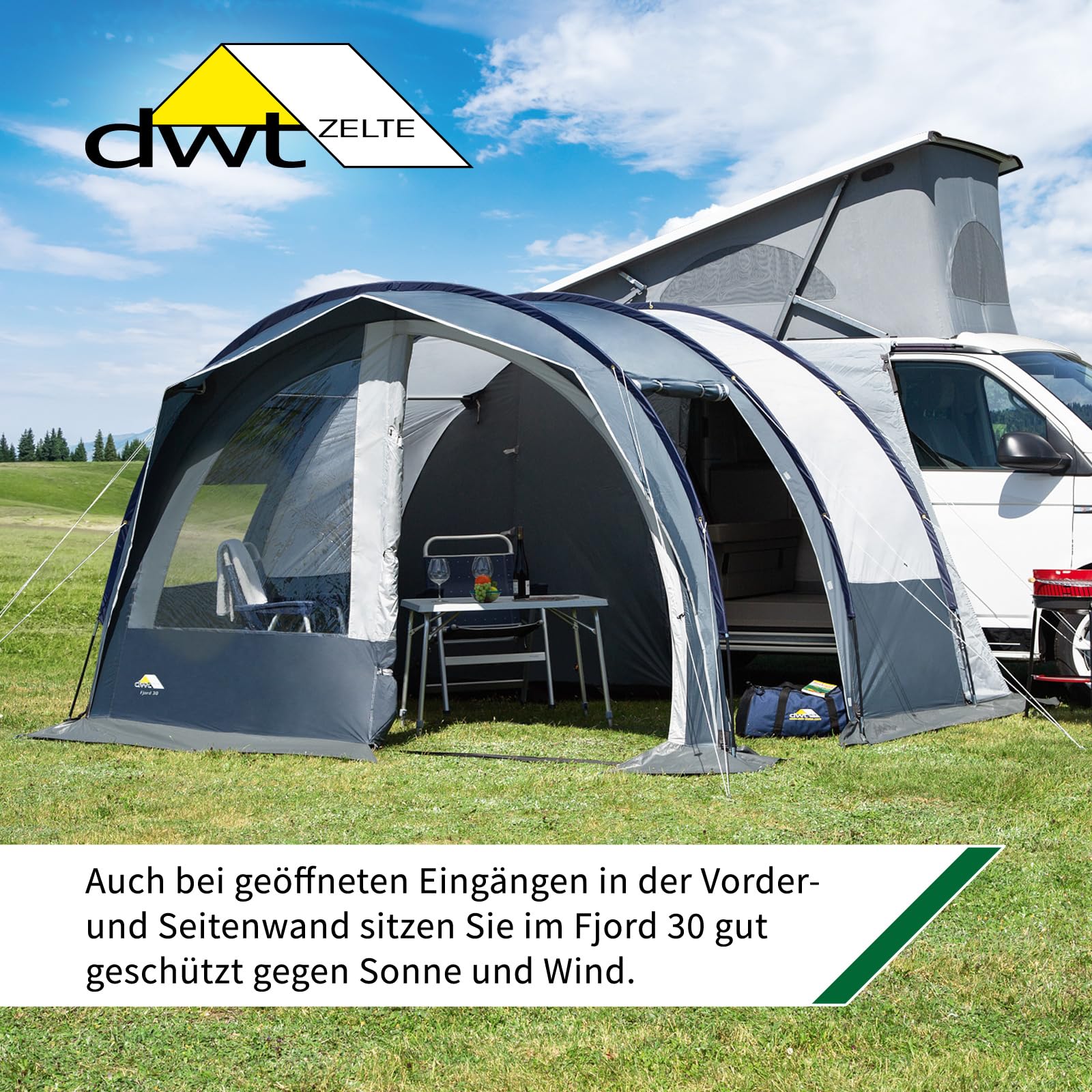 DWT Buszelt Fjord 30, 340 x 240 cm, freistehendes Mobilzelt, ideal für Minivans inkl. Abspannmaterial, Schleusenstab und Tragetasche