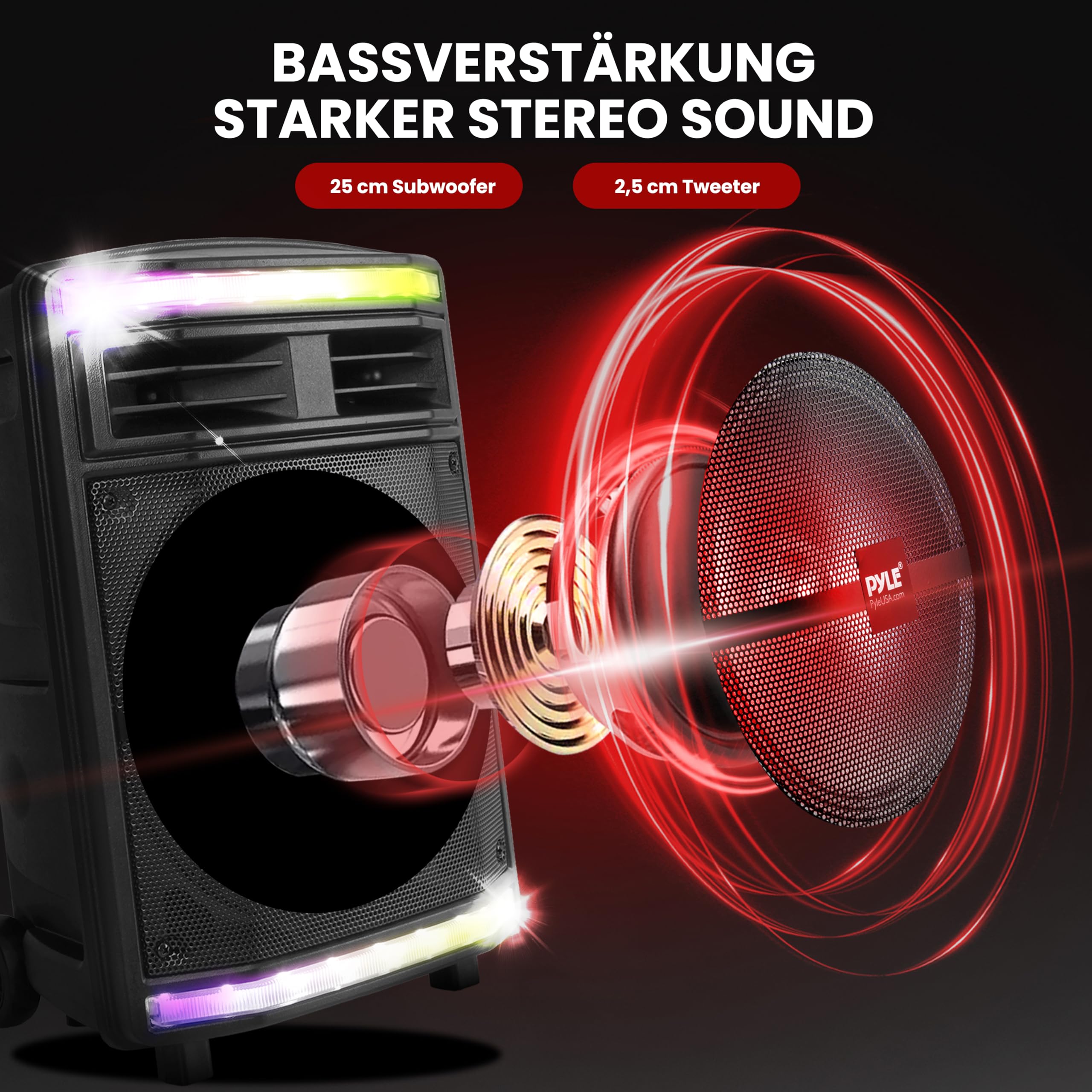 Pyle Partybox, 600W Bluetooth Lautsprecher Groß, Tragbare Musikbox mit Griff & Rollen, 10" Subwoofer & Akku, Karaoke Box mit LED Lichtern, USB/SD/MP3, für Party, Outdoor, Events & DJ