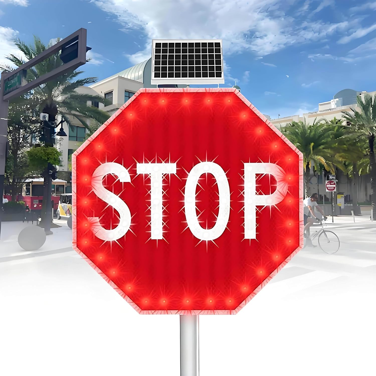 24" Solar Powered Slow Down Signs, Solar Power Stop Flashing Traffic Signs, LED Flashing Slow Safety Light Sign for Driveway, Neighborhoods, Street Illuminated Boards